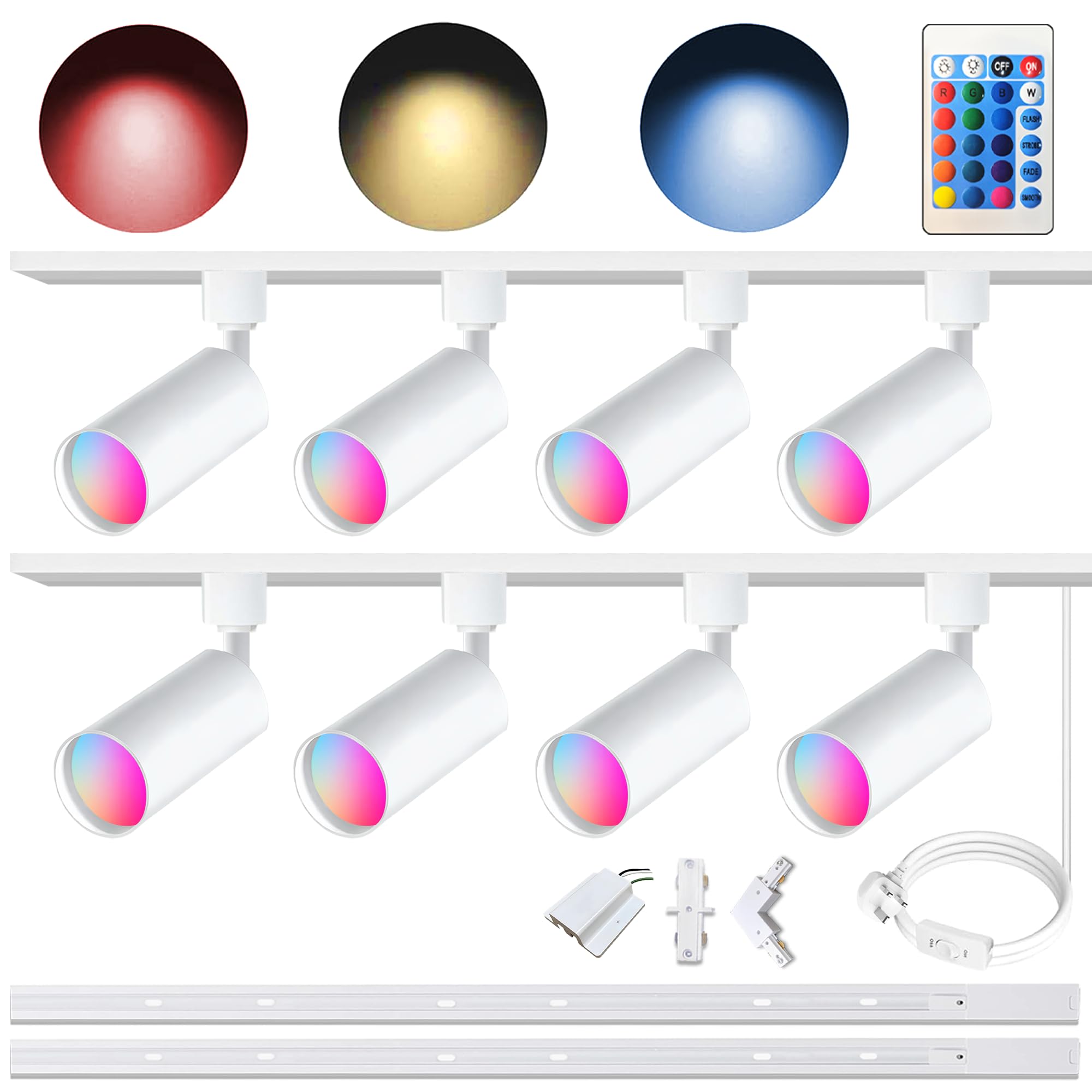 Bravsekai GU10 16-Color RGB Track Lighting Kit, 8-Pack Colour-Changing Spotlights with 2x1.5M H-Rail