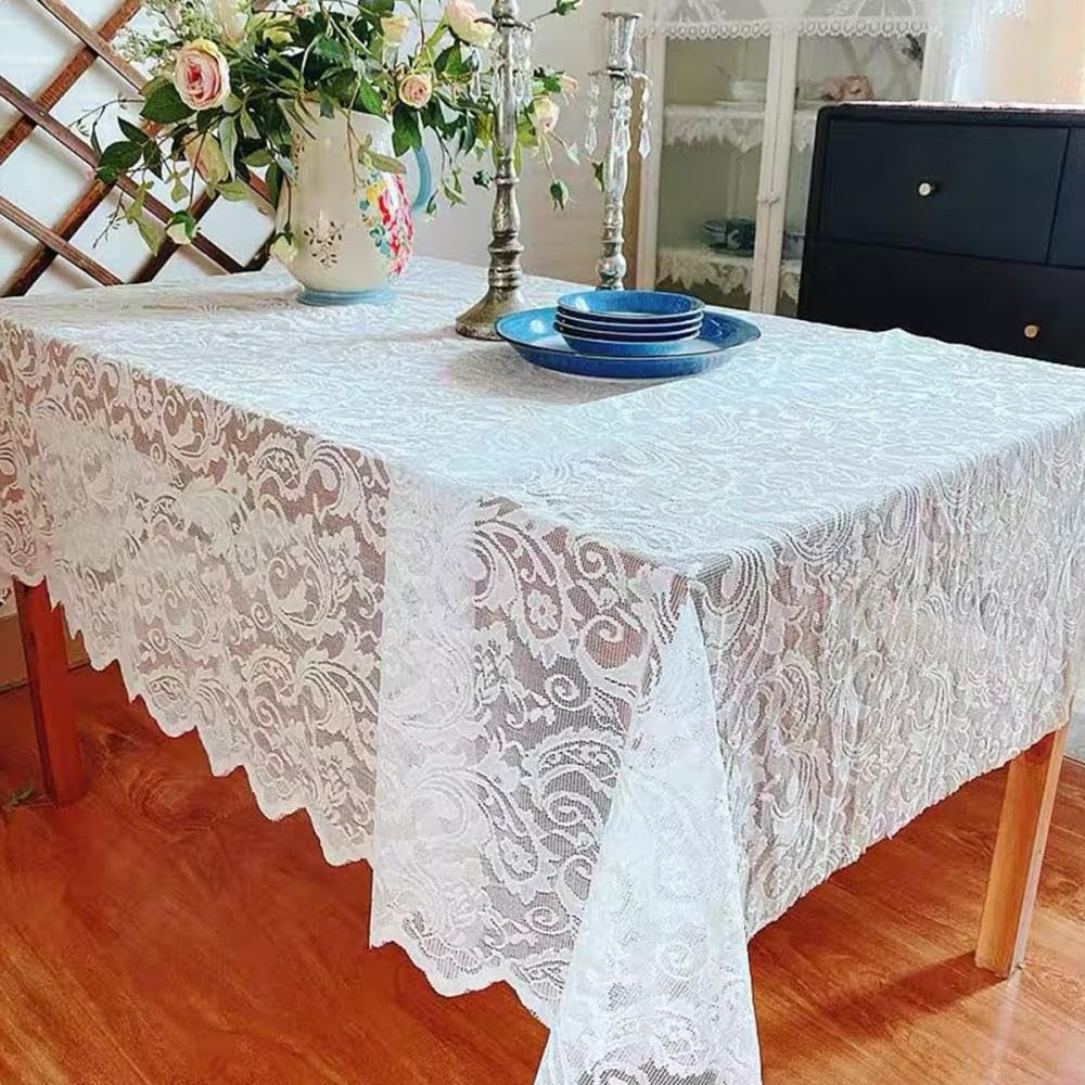 Nappe en dentelle blanche rectangulaire vintage pour table anniversaire 140x180