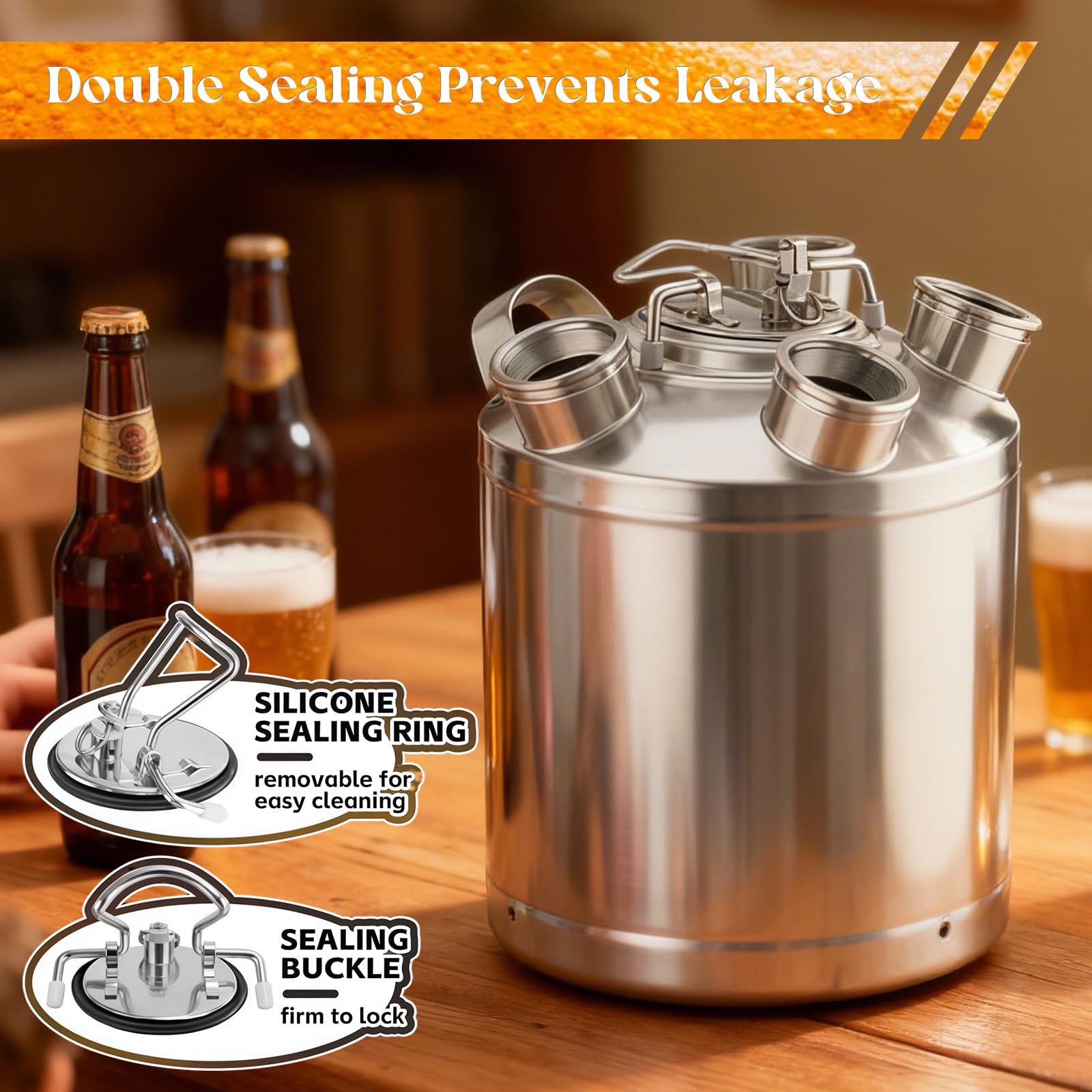 Barril de limpieza de cerveza, 10 L, acero inoxidable, depósito de limpieza de 4 cabezales, incluye pinchos A, S, G, D con tapa de cierre para dispensadores de cerveza, máquinas de té de