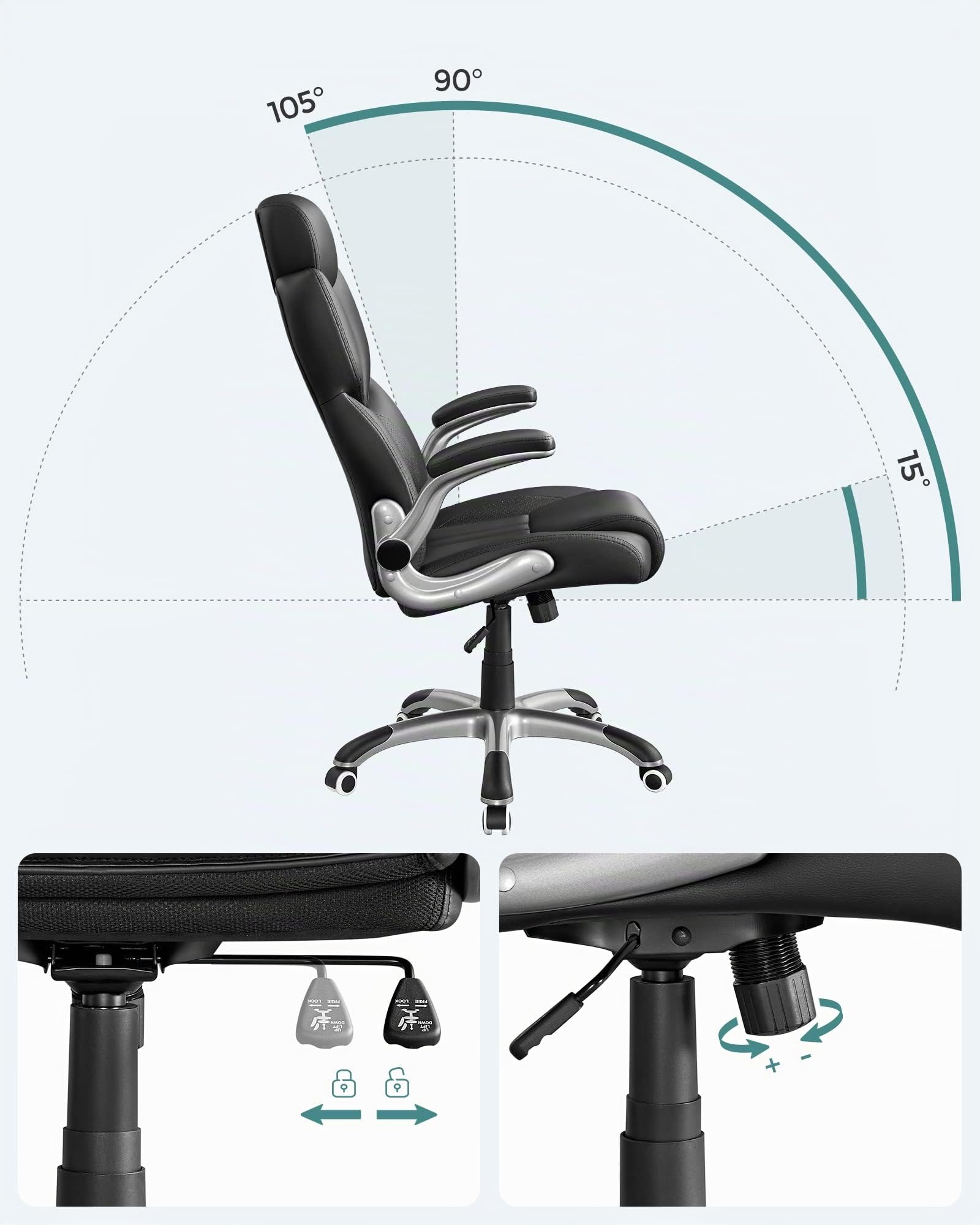 SONGMICS Chaise de Bureau, Fauteuil Gamer Ergonomique, Siège, Mécanisme à Bascule, Accoudoirs Pliables, roulettes Pivotantes, Hauteur Réglable, Chaise E-Sport, Noir d'encre OBG65BK