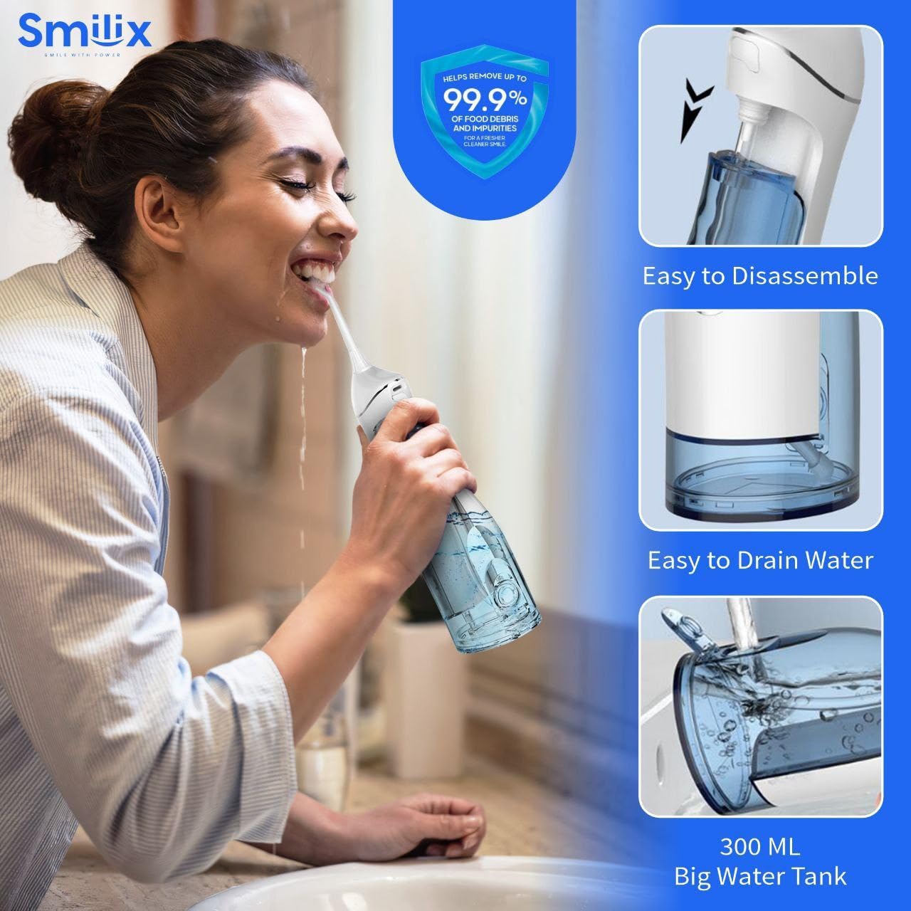 Idropulsore senza fili per la pulizia dei denti e le parentesi graffe, filo interdentale portatile 300 ml, ricarica rapida USB-C, impermeabile IPX7, 4 modalità di pulizia, 5 punte, custodia da viaggio