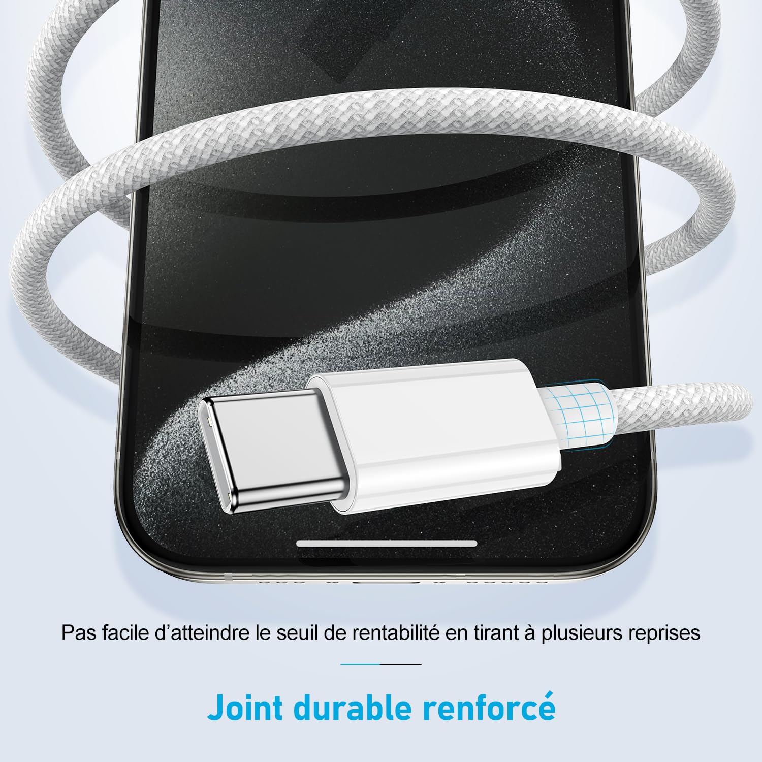 Câble USB-C Tressé 1m Charge Rapide - Pour IPhone 15/15 Plus Et Autres Appareils