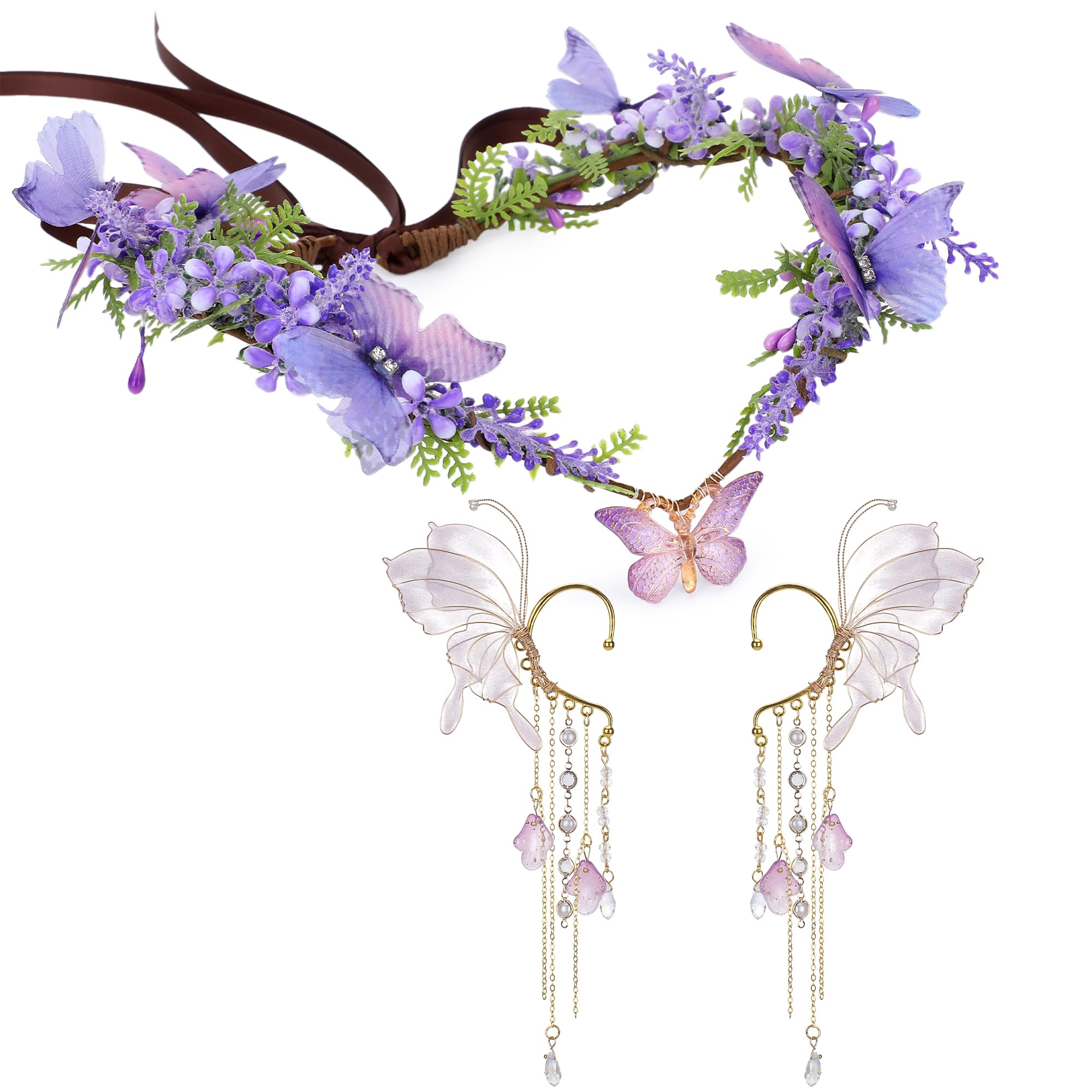 MOSTORY Purple Flower Crown Elf Ears for Renaissance Costume Women, Fairy Headwear with Flowers and Butterflies for Wedding Book Day May Day Carnival Halloween Festival Hair Accessories