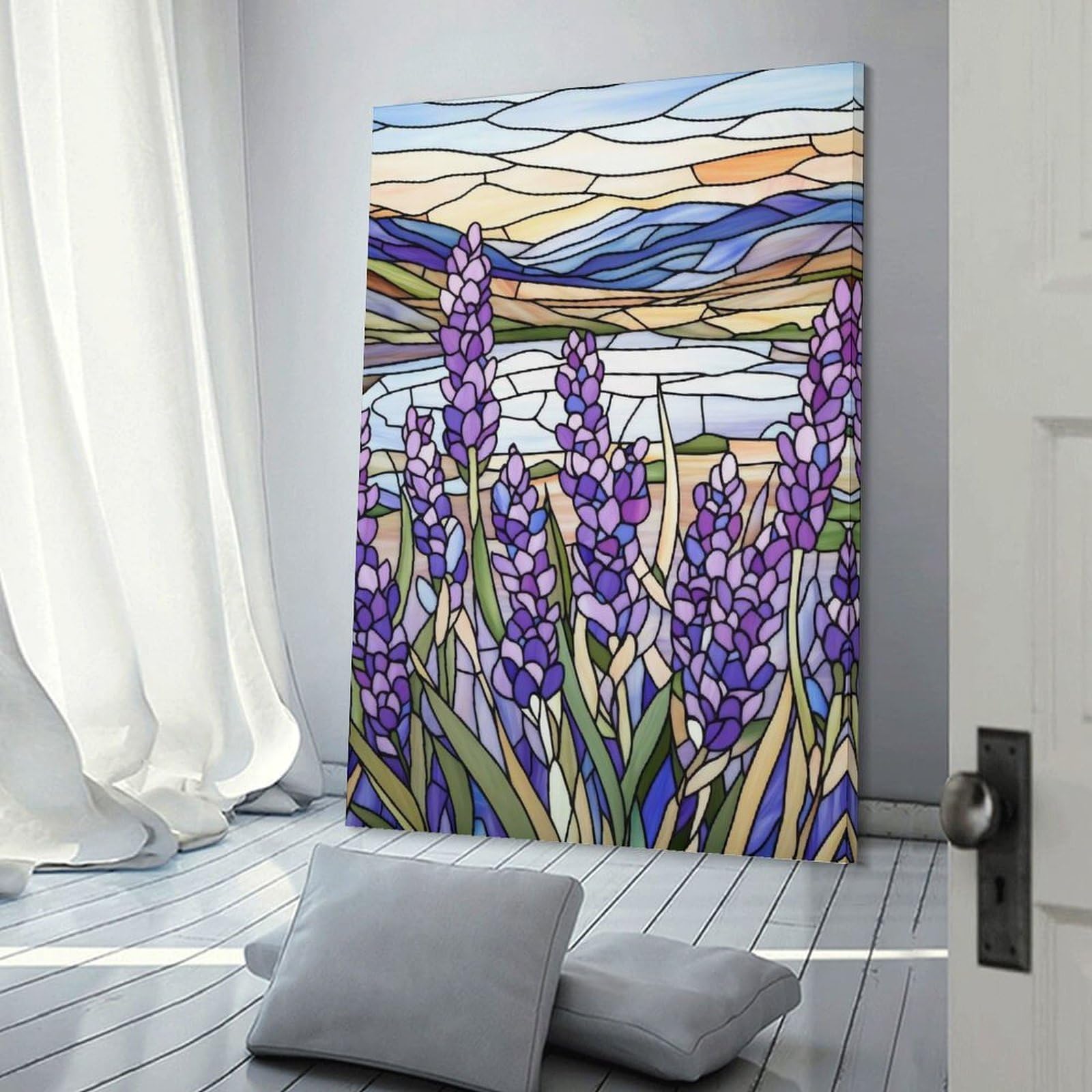 Junmoney Wall Picture Print Stained Glass Lavender Field, 20x30inch(50x75cm), for Living Room, Lounge Or Sitting Room, A Home Accent with Warm Character