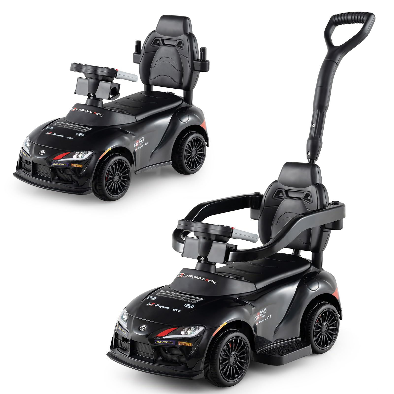 COSTWAY 3 in 1 Ride on Push Car, Licensed Toyota Stroller Sliding Walking Car with Handle, Music, Safety Guardrail & Under-Seat Storage, Toddler Foot to Floor Slider for Boys Girls 1.5-5 Years (Black)