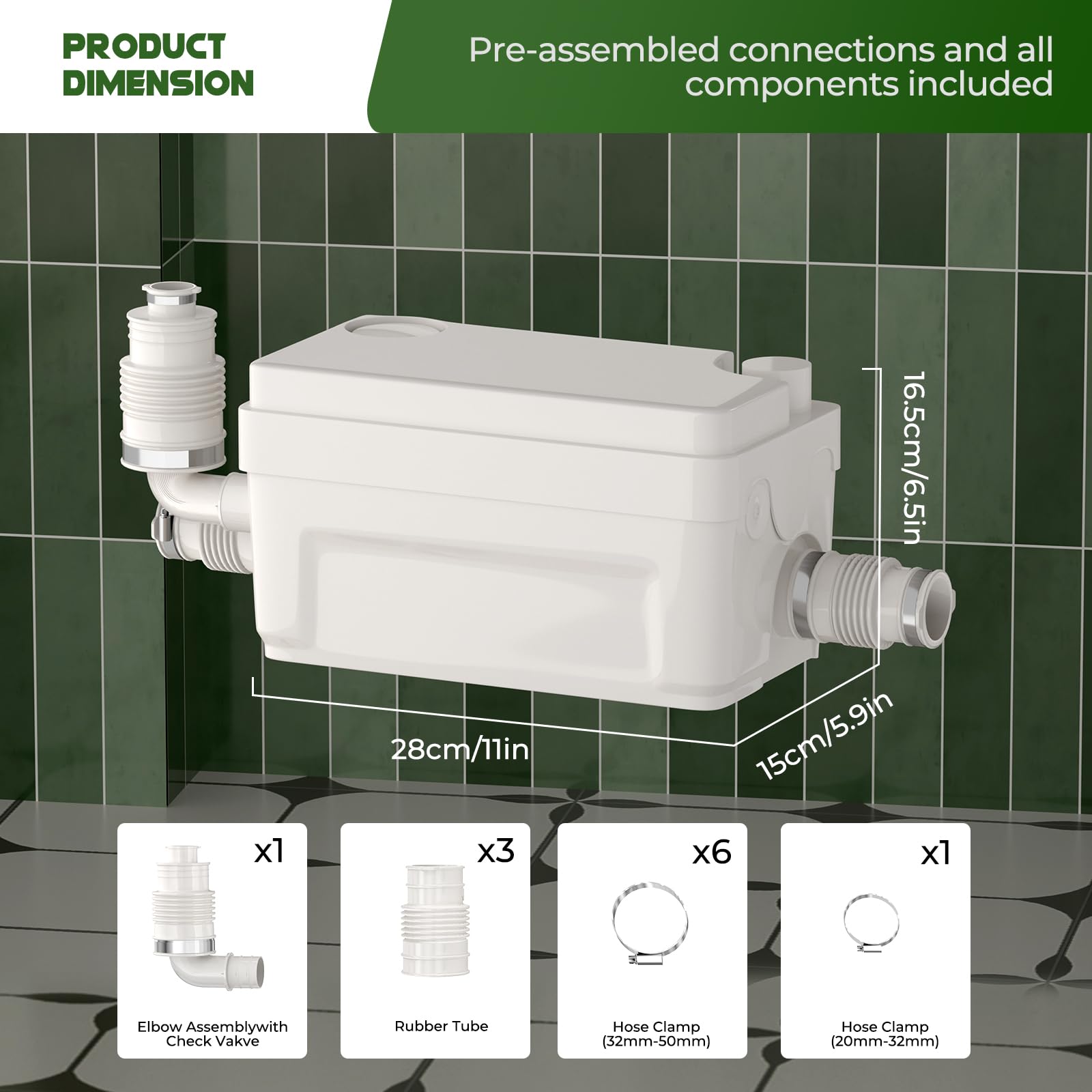 400W Abwasserpumpe, leise Zerkleinerer Pumpe unter Spüle, 6 m Förderhöhe mit 3 Zuläufen für Keller, Küche, Waschbecken, Badewanne, Waschmaschine - automatische Schmutzwasserpumpe
