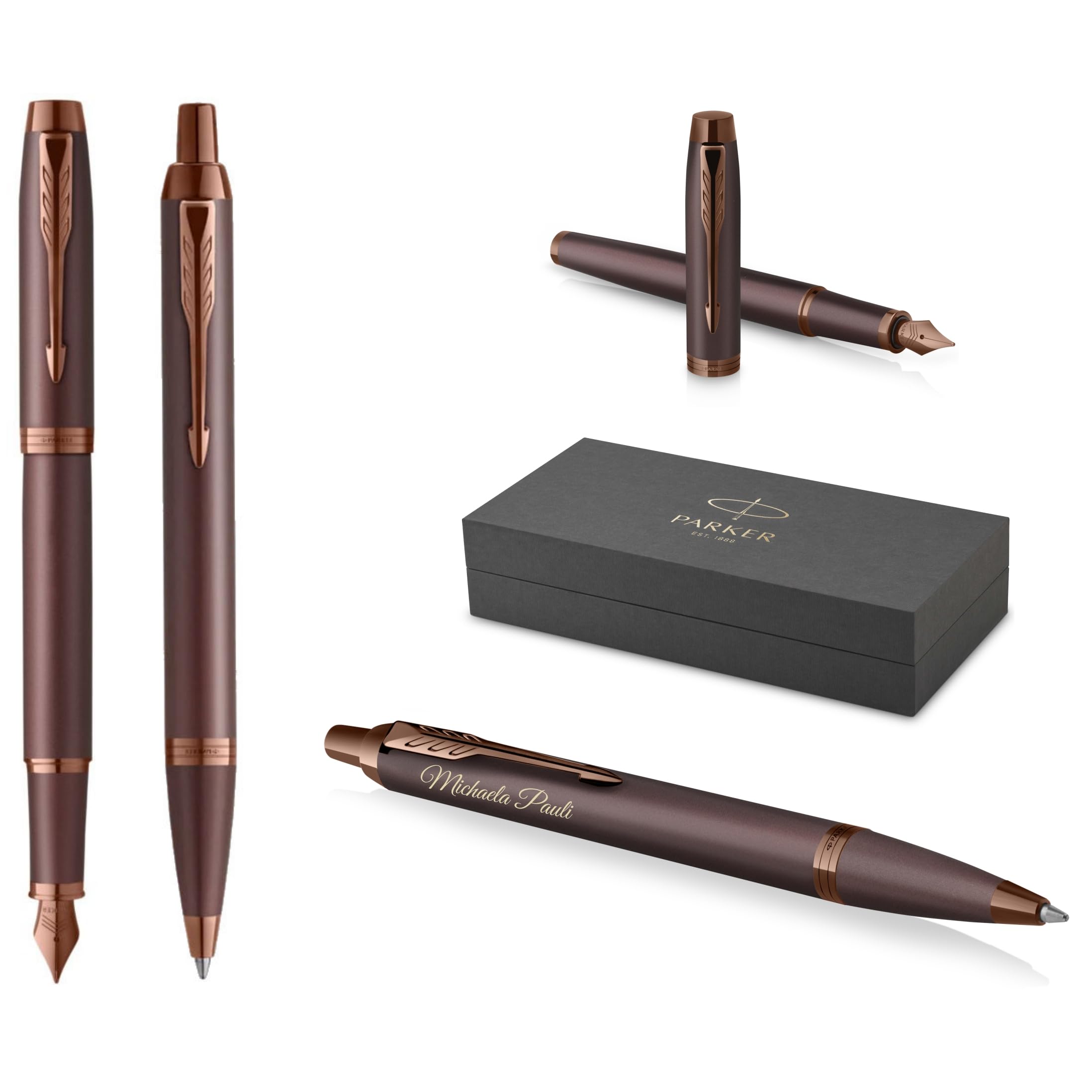 PARKER IM Professionals Monochrome Ballpoint Pen and Fountain Pen with Engraving, Premium Pen, Gift Box, Blue Pantrone, Personalised, Birthday (Burgundy)