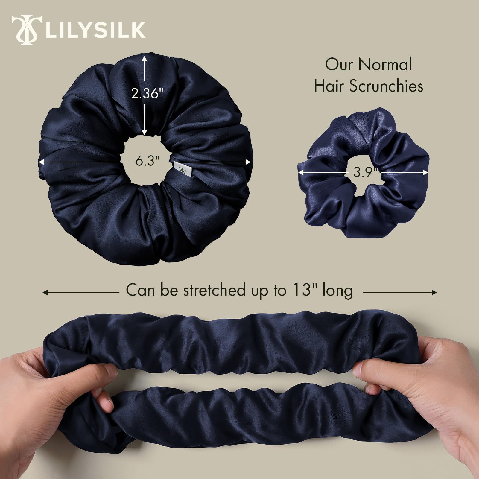 LILYSILK Women's 100% Mulberry Silk Big Hair Scrunchies Ladies Pure Silk Filled Giant XL Ponytail Holder Oversized Elastic Hair Tie Band Large Jumbo Hair Bobble for Breakage Prevention Navy Blue - Image 2