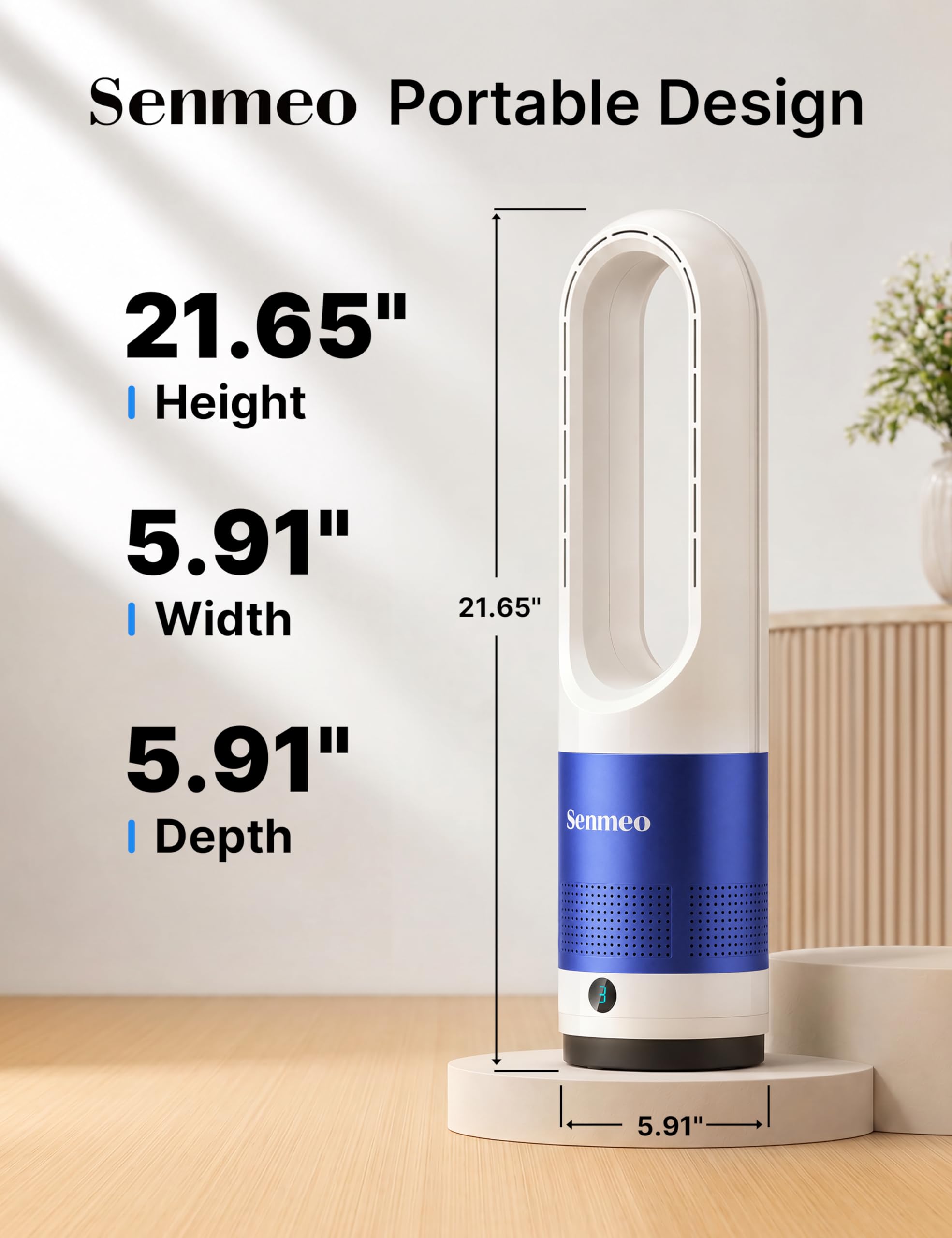 Ventilateur Sans Pale, Ventilateur Colonne avec Télécommande, 55 cm, Oscillation 90°, 8 Vitesses, Minuterie 9H, Affichage LED, Ventilateur Silencieux pour Chambre, Salon