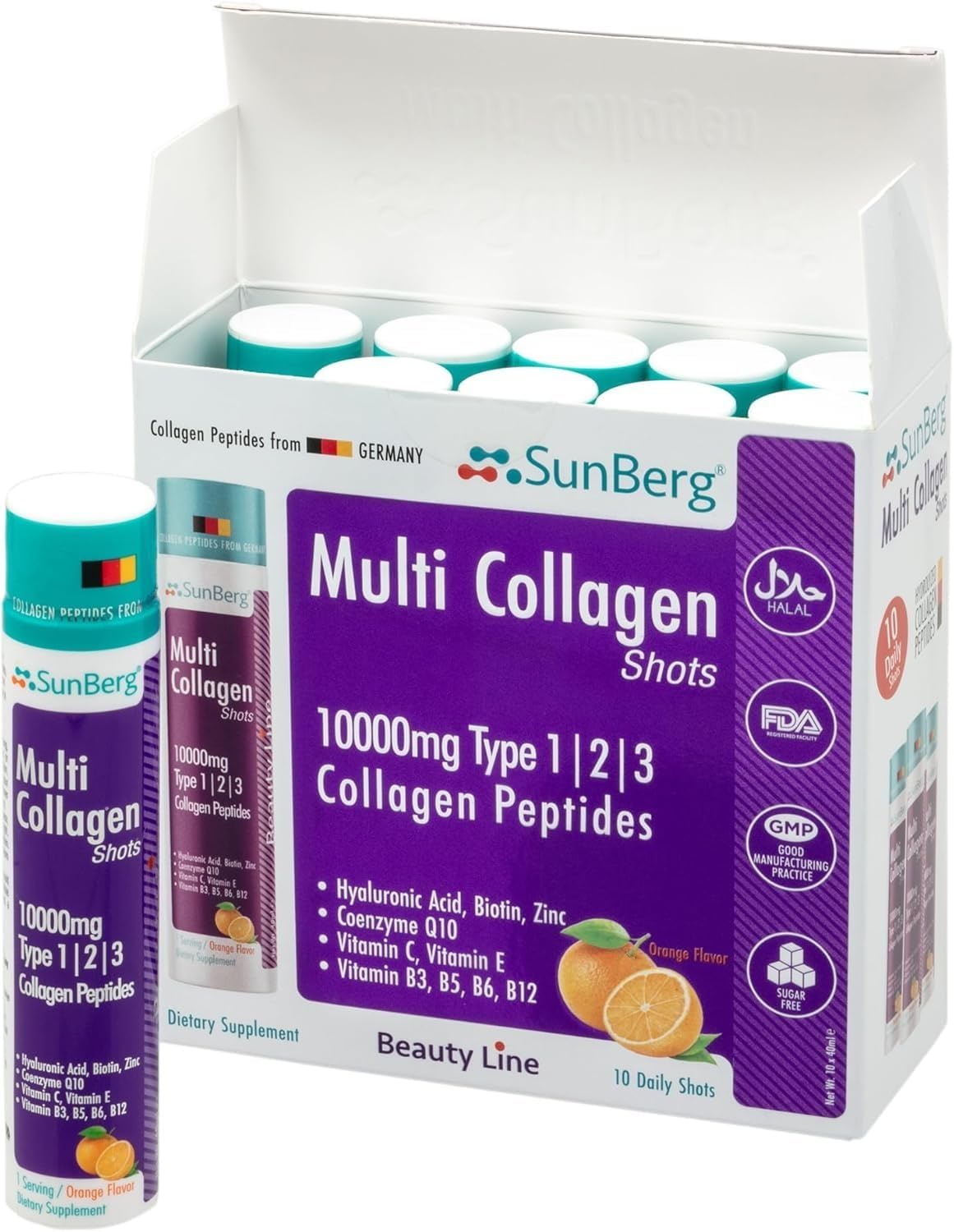 Sunberg Multi Peptides Liquid Shots - 10,000mg Hydrolyzed Collagen Type 1, 2, 3 Hyaluronic Acid Biotin Skin Hair Nail Joints Bones Muscles Teeth - Halal Collagen Complex Supplement 10 Shots
