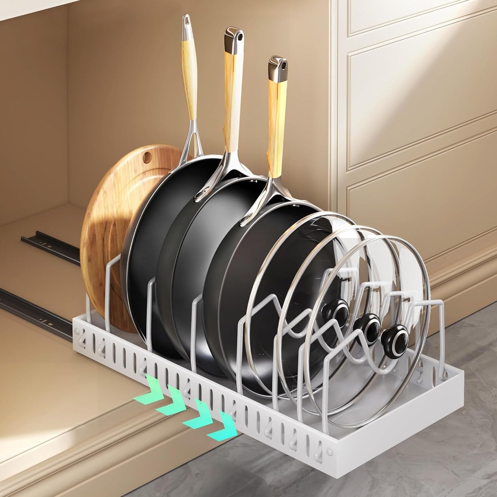 Porta Coperchi Pentole Scorrevole Portapentole per Cassetto con 12 Divisori Regolabili Organizer per Pentola e Padelle Porta Coperchi Pentole Salvaspazio per Padelle e Coperchi, Bianco