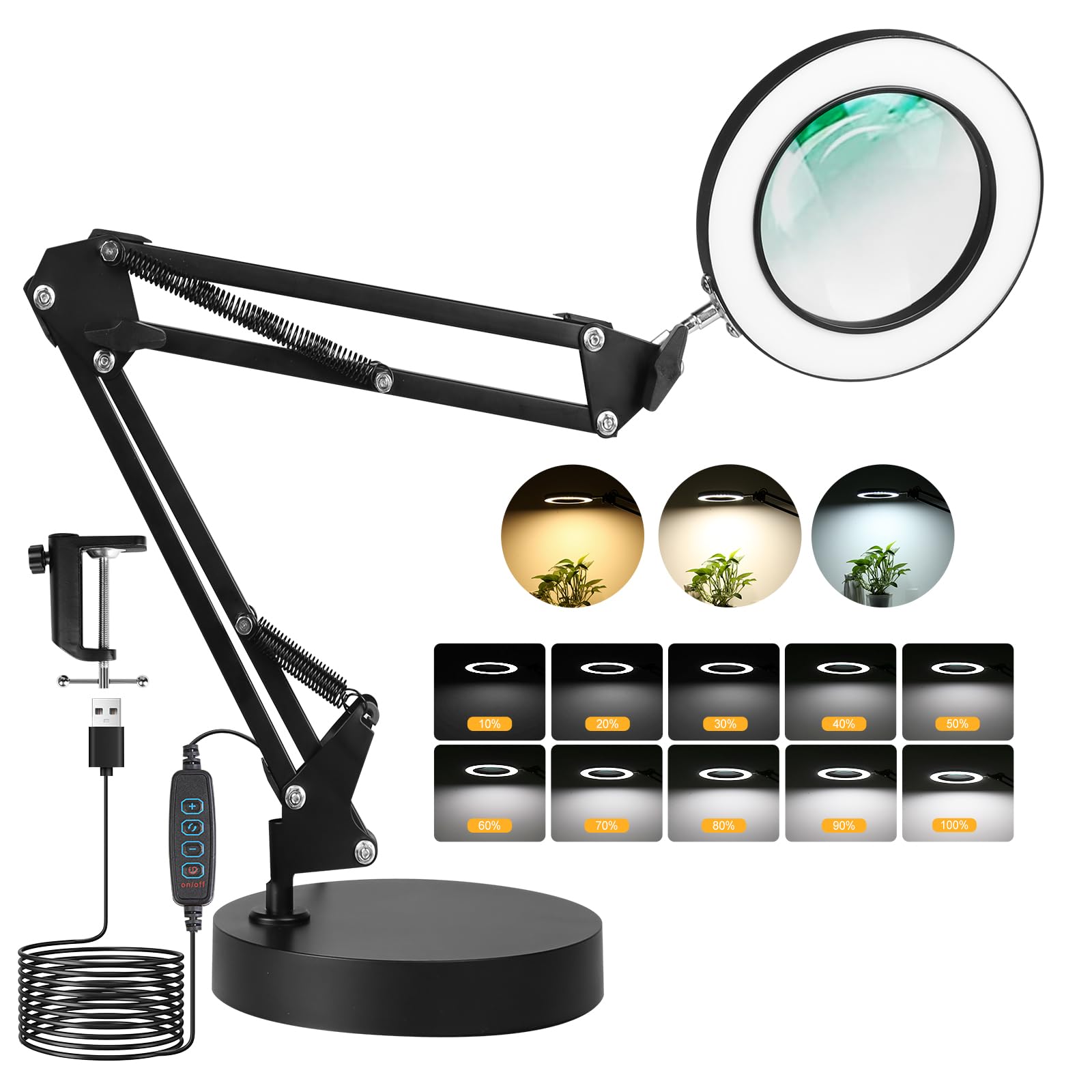 Glass Disc Magnifier CHENBEN 10X Magnifying Glass With Light Dimmable, LED Magnifying Lamp ...