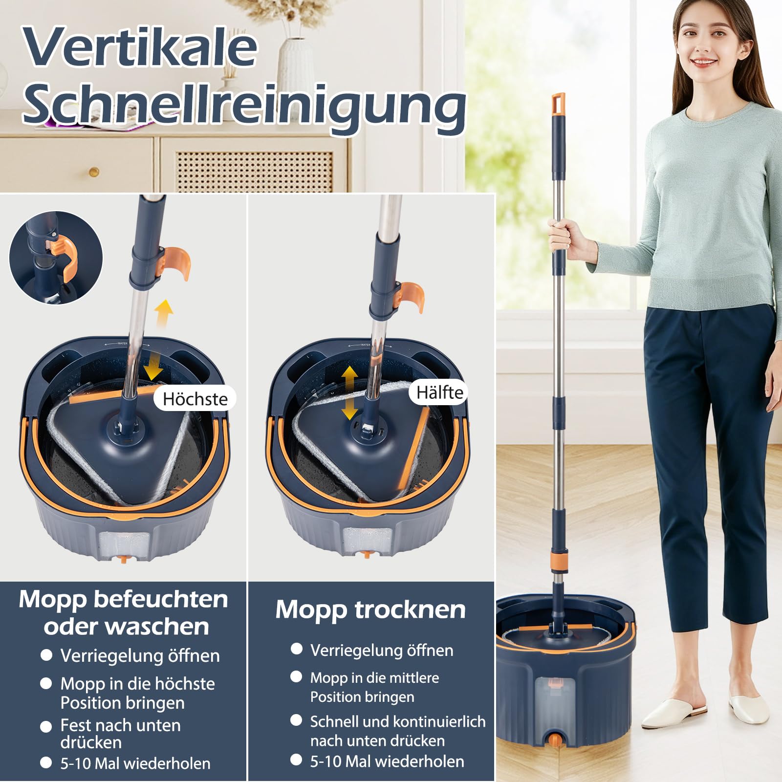 COSTWAY Mop i system wiadra z funkcją wykręcania, separacja ścieków, obrotowa głowica mopa 360° i 2 podkładki z mikrofibry, płaska wycieraczka podłogowa do czyszczenia na mokro i sucho (niebieski)