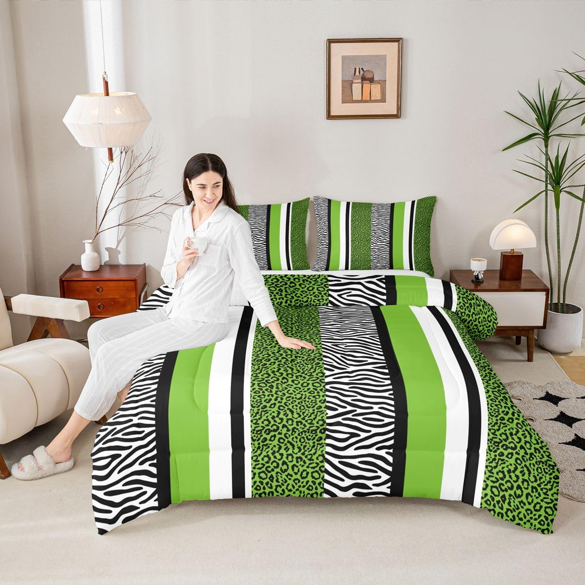 Erosebridal Green Cheetah Print Queen Comforter Set for Boys Teen Men,Wild Animal Leopard Bedding Set Black White Safari Zebra Bed Comforter Sets Wildlife Quilt Duvet Set 2 Pillow Cases Bedroom Decor
