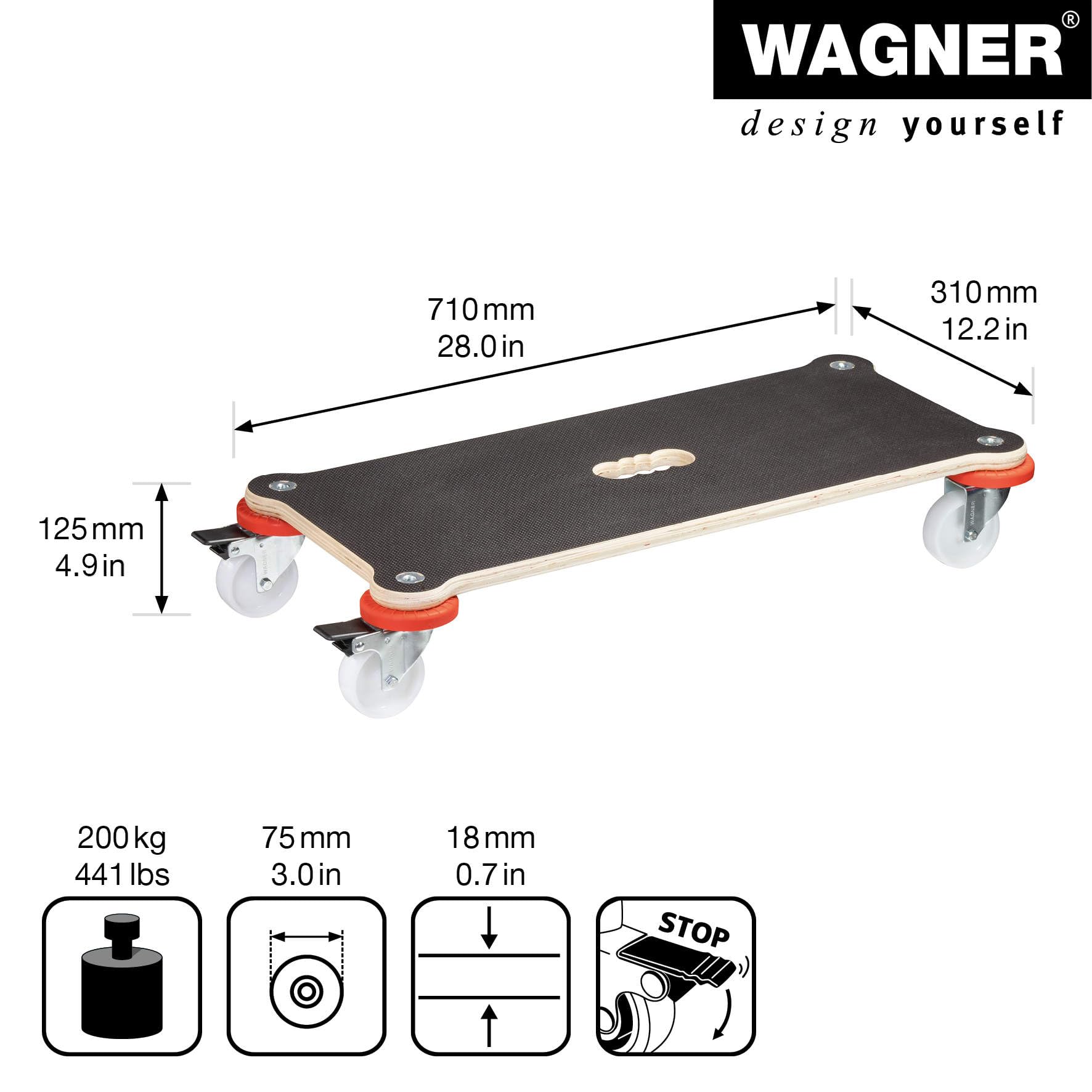 WAGNER Plataforma de Carga MM 1365-71 x 31 cm - para Cajas de Transporte Pesadas con Contenido Sensible, 200 kg de Capacidad de Carga, Antideslizante y con Frenos - 20136501