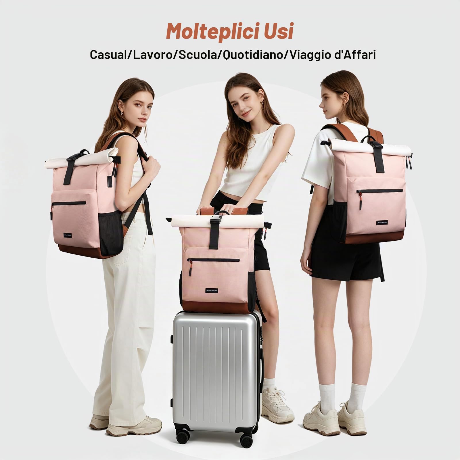 hk Zaino Roll Top Donna Impermeabile per PC Portatile da 17 Pollici | con Porta USB A e C, Zaino Antifurto Espandibile 18-26L per Lavoro, Università, Viaggio e Uso Quotidiano-Rosa