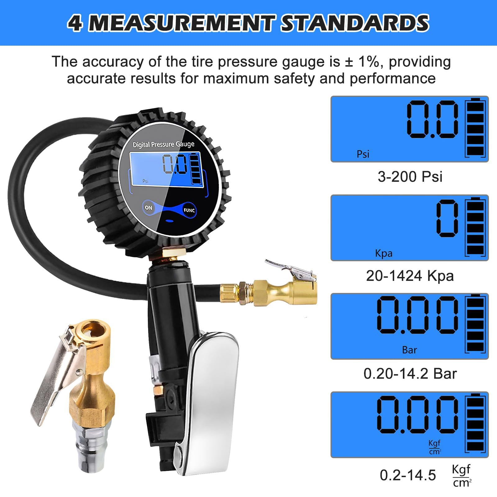 Set di 200 PSI, misuratore di pressione pneumatici, multifunzione, misuratore di pressione pneumatici, calibrato, gonfiatore per pneumatici con diversi pezzi di ricambio, valvola nucleo per auto e