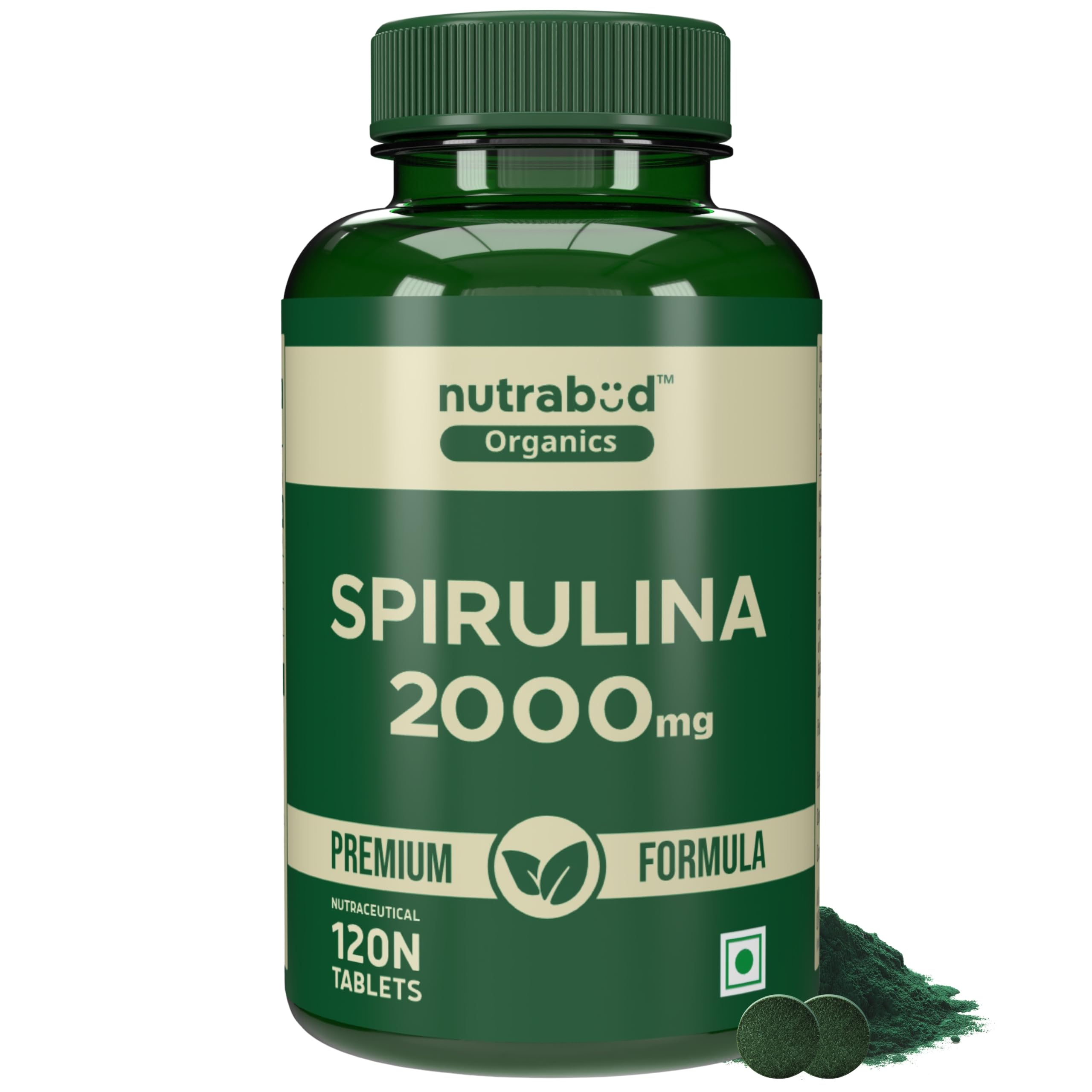 Nutrabud Organics Spirulina Tablets 2000mg per Serving - 120 Veg Tablets - For Women, Men - Preservative & Additive Free (120 Count (Pack of 1))