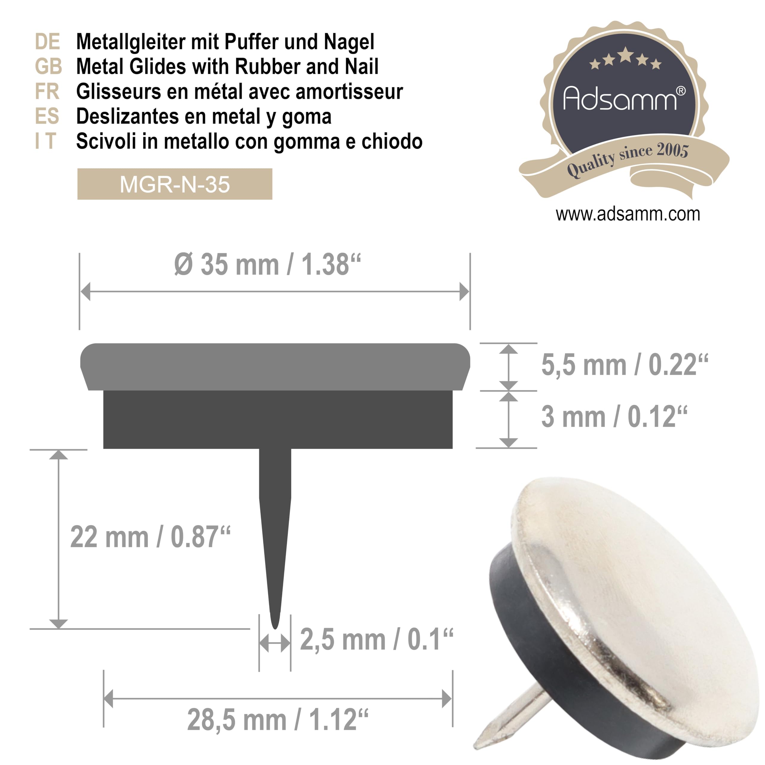 4 X Patins Glisseurs En Métal Avec Amortisseur Et Clou