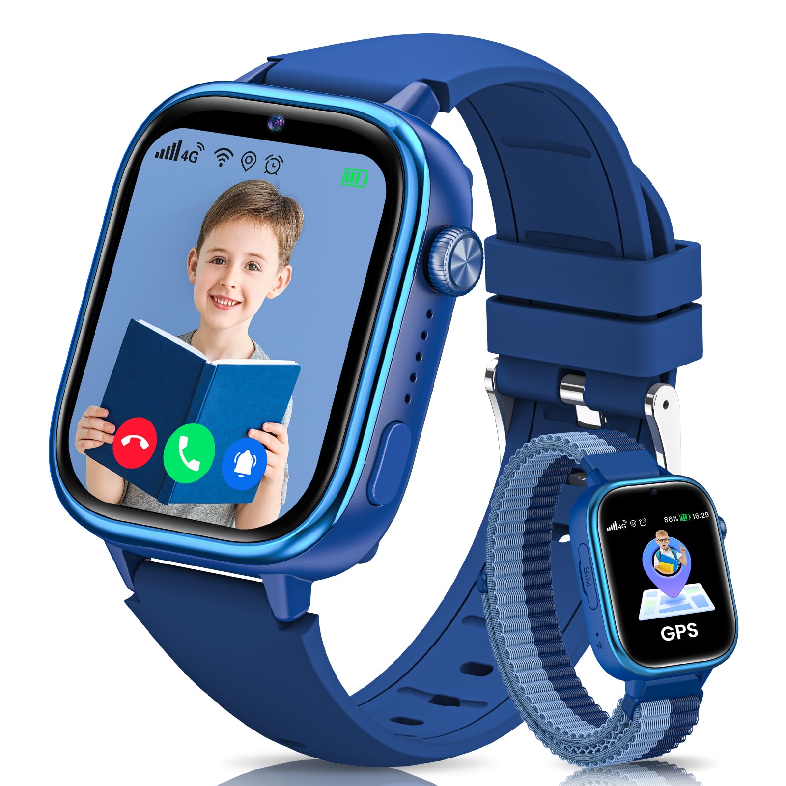 Reloj Inteligente Niño, 4G Smartwatch Niños con GPS y Teléfono, Videollamada, Llamadas, SOS, Modo Escuela, Chat, SIM, Despertador, Podómetro IP68, Regalo Niñas/Niños, 4-14 Años Azul
