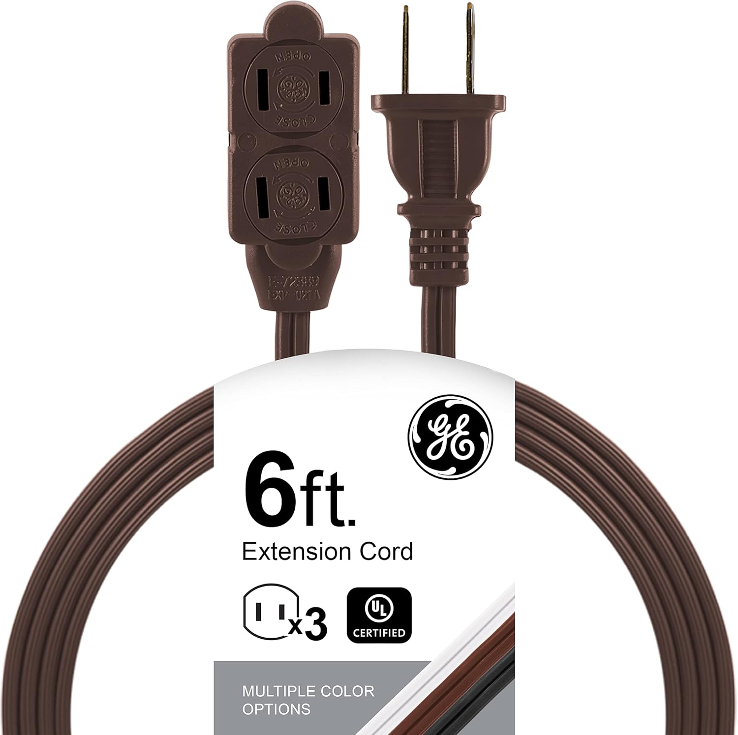 GE 3-Outlet Extension Cord with Multiple Outlets 6 Ft Power Strip 2 Prong 16 Gauge Twist-to-Close Safety Outlet Covers Outdoor Extender UL Listed Brown 51932