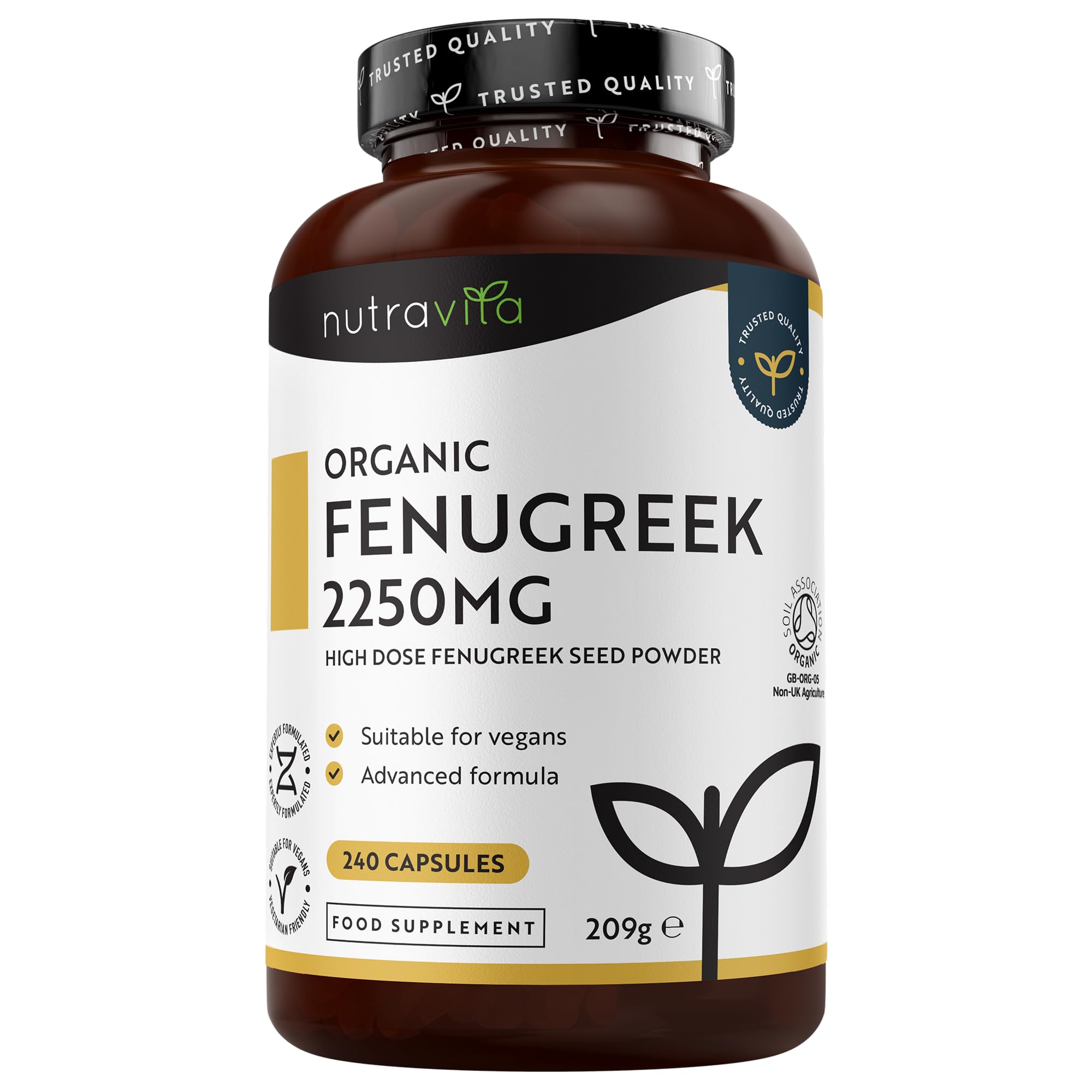 Fenugrec Bio 2250mg par dose de 3 Capsules, jusqu'à 8 mois d'Approvisionnement - 240 Fenugrec Gelule Véganes - 1-3 Capsules par Jour, Complement Alimentaire Fait en Angleterre - Nutravita