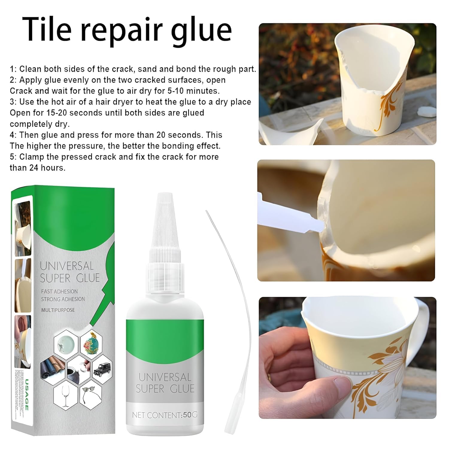 H&HGOLDI High-Strength Oily,Glue Ceramic Glue for Pottery Repair,Universal Multifunctional Glue, Mighty Instant Super for Wooden,Ceramic,Plastic,Metal, Glass,Plastics, Repairs, Super Strong Clear 50G 2