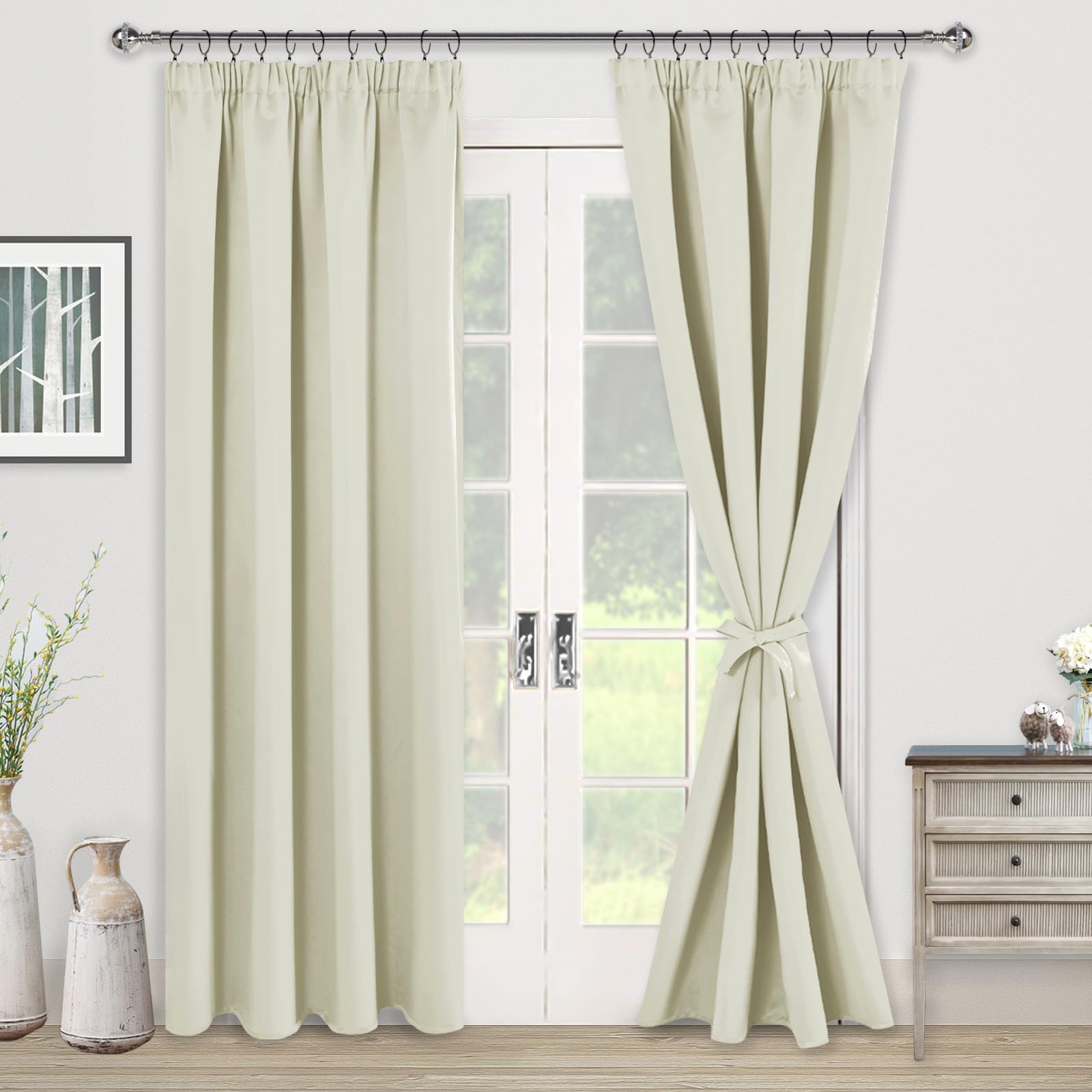 JIUZHEN Blackout Curtains with Ruffle Tape, Opaque Curtains, Living Room Curtains, Bedroom, Thermal Curtain, Light Beige - Image 2