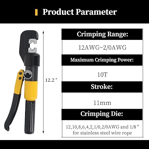 Miniatura 2 de Herramienta de prensado hidráulico de 10 toneladas, rango de 12 AWG-20 AWG, herramienta de prensado de cables de batería, trazo de 0.43 pulgadas,
