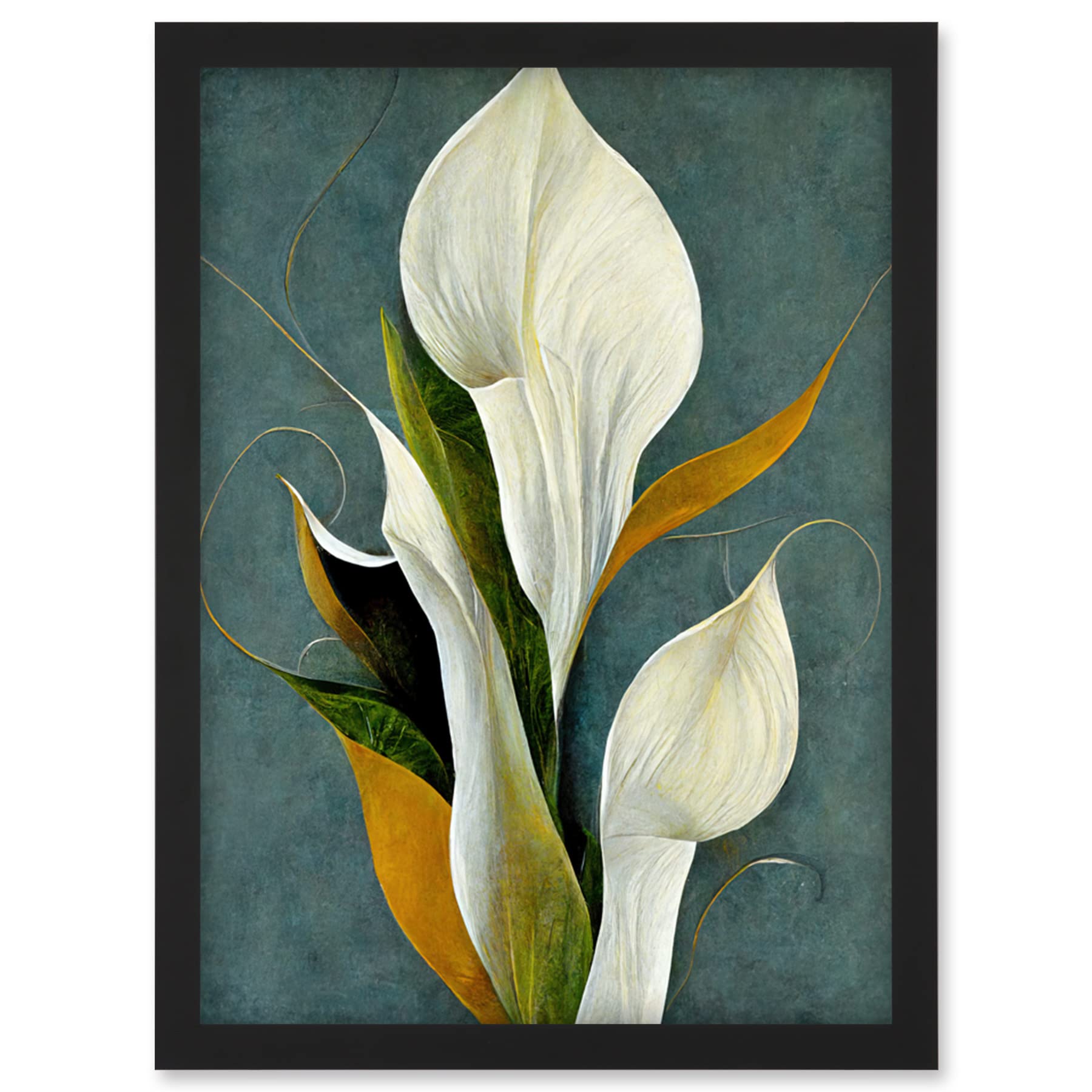 Calla Lily Bouquet Framed Wall Art Print - A4 Size - Realism Artwork - Blue Background - Artery8