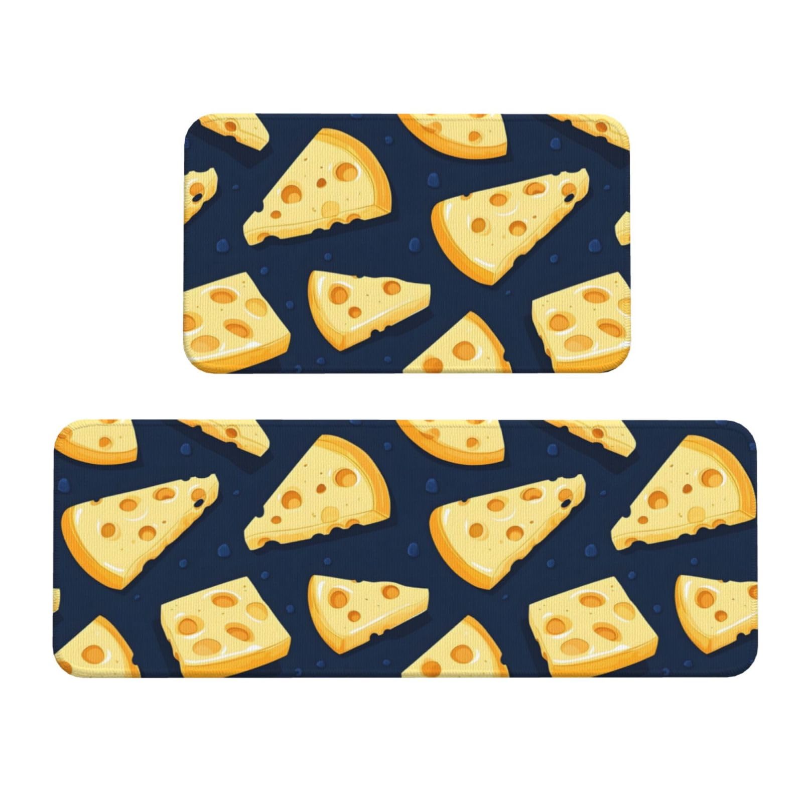 GVYGVY Antifatigue Kitchen Mats for Floor 2 Piece - Bright Cheese Print Kitchen Rugs Washable, Non Slip Runner Rug Standing Mat for Office/Bathroom/Laundry/Home Decor and Accessories