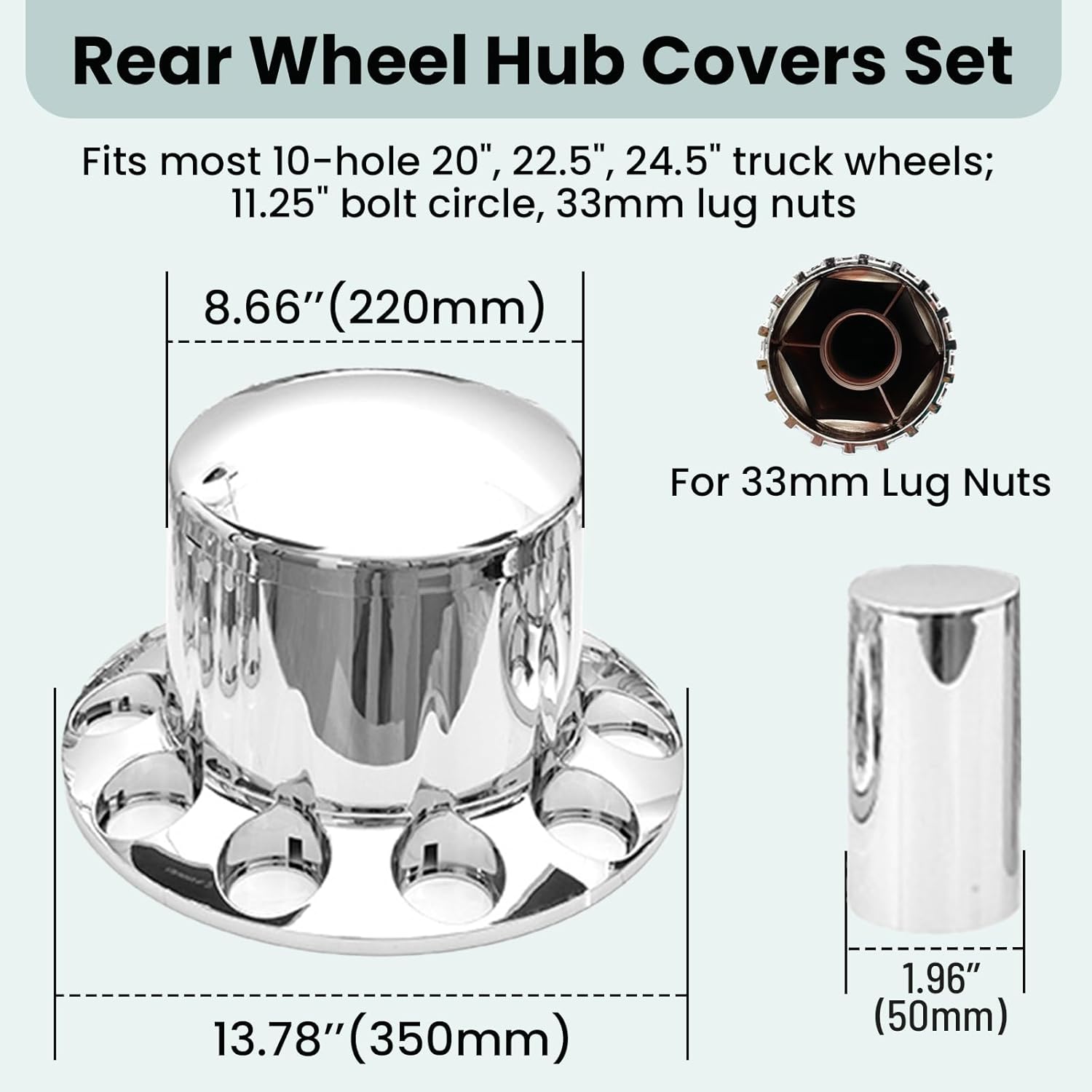 SEPEY 33mm Cylinder Axle Cover Set Chrome Rear Axle Complete Wheel Cover Set Removable Hub Caps Screw-on Lug Nut Covers for Semi Truck (4 Rear)