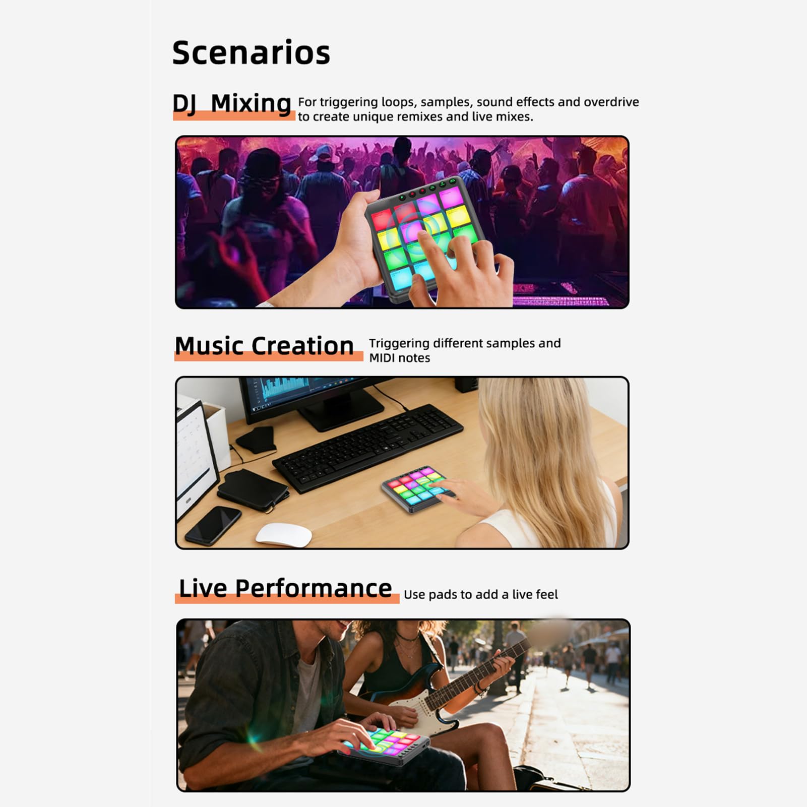 Btuty Dynamischer RGB-Pad-BT-MIDI-Controller mit 16 Tasten, Wiederaufladbar, Tragbar, Musikproduktion, Performance-Szene (Schwarz)