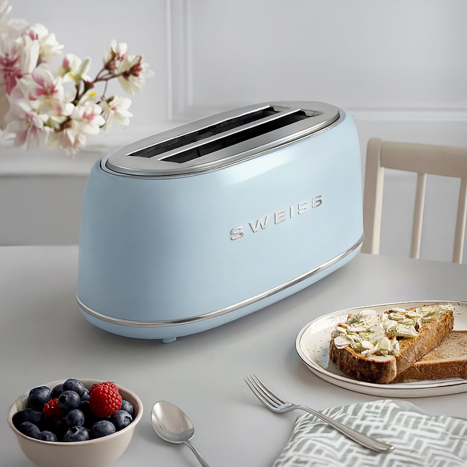 SWEISS Tostapane GRV6 Vintage, 2 Tostapane, 6 livelli di potenza, funzione scongelamento, funzione baguette, tostatura rapida e uniforme, facile da pulire, cassetto briciole, blu, 1500 W