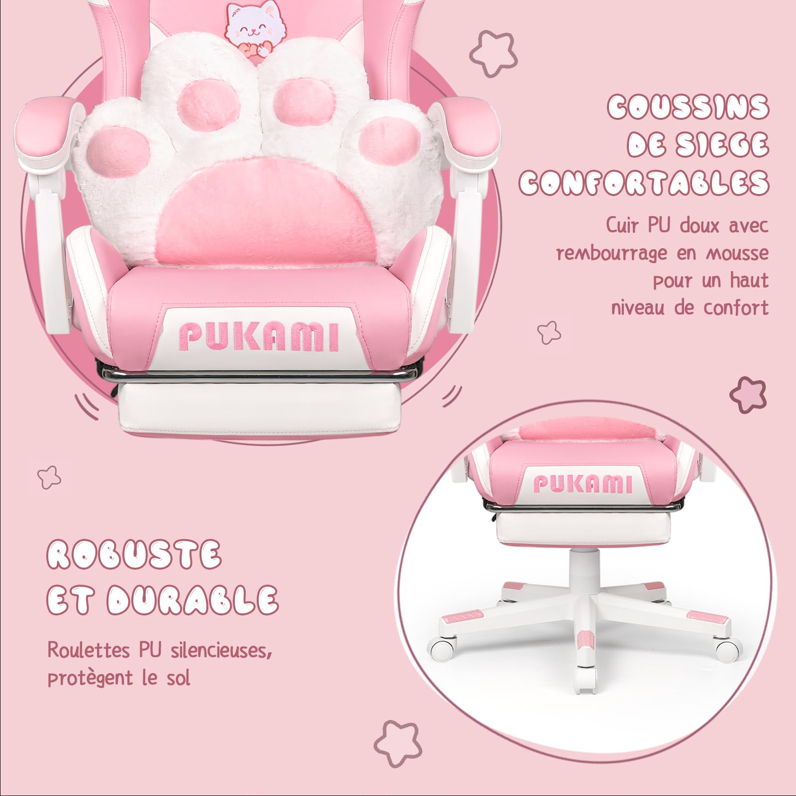 Waleaf Chaise Gaming Rose Ergonomique, Fauteuil de Gamer avec Repose-Pieds, Appui-tête, Soutien Lombaire, PU Cuir Chaise Bureau Réglable en Hauteur, Fauteuil Gaming pour Adultes Enfants, Rose