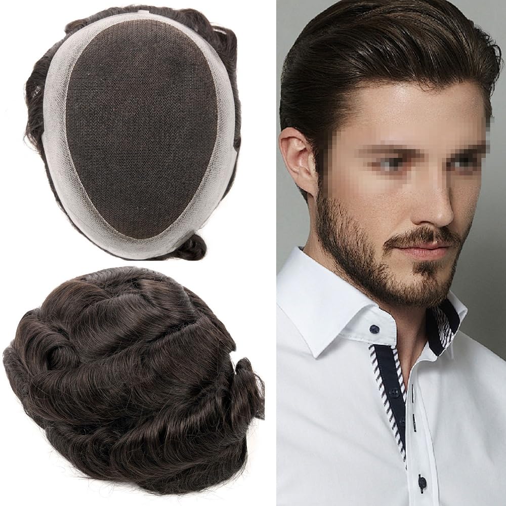 Toupee for Men Hair System Replacement Mens Human Hair Piece Fine Mono Mens Toupee Clear Poly Skin Hairpiece Monofilament Wig(3# Dark Brown, 8x10-120% Medium Light to Medium Density)