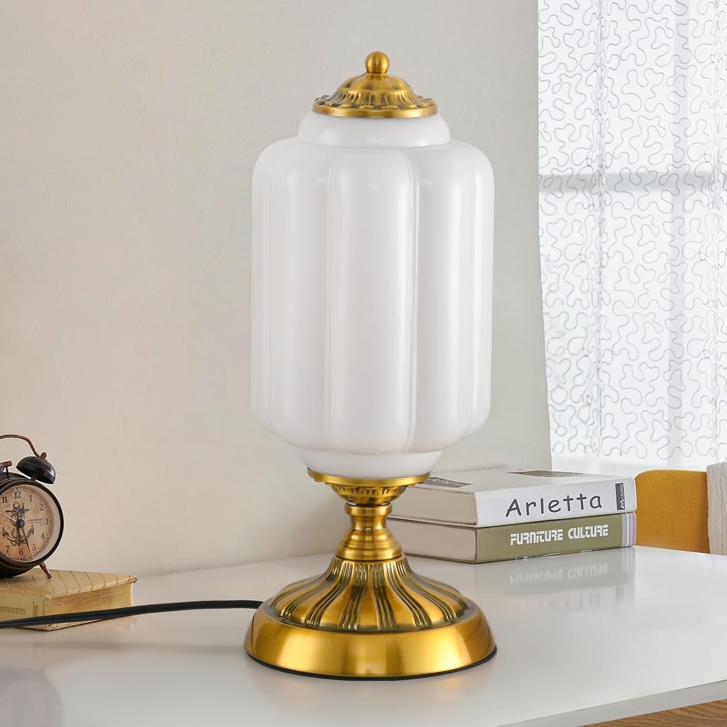 Vintage Milk Glass Table Lamp, Art Deco Mid Century Modern Bedside Lamp, Bedroom Nightstand & Living Room Essential, Antique Gold Base, E12 LED Bulb Included, 14.6 Inch Height