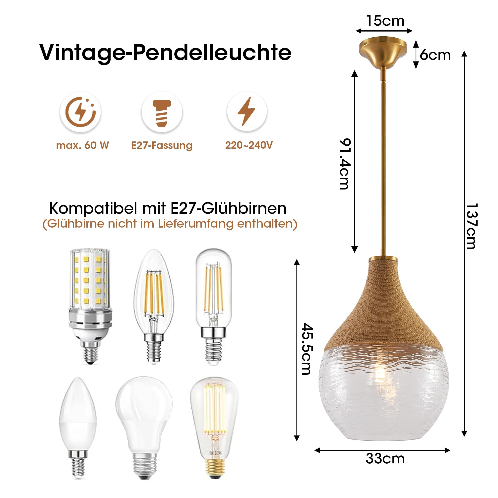 Parrot Uncle Glas Pendelleuchenschirm mit Hanfseil,33cm Durchmesser Vintage Deckenlampe,höhenverstellbar,E27 Sockel,Boho Pendelleuchte für Schlafzimmer Wohnzimmer (Leuchtmittel nicht enthalten)