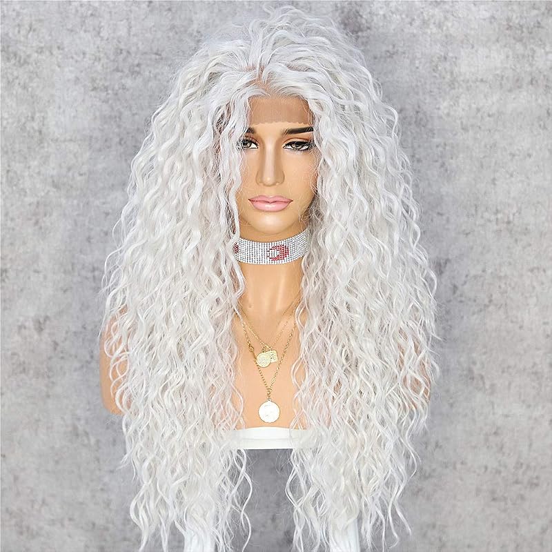 Sapphirewigs Platinaszőke Göndör Csipke Elülső Paróka Nőknek 66cm - gray