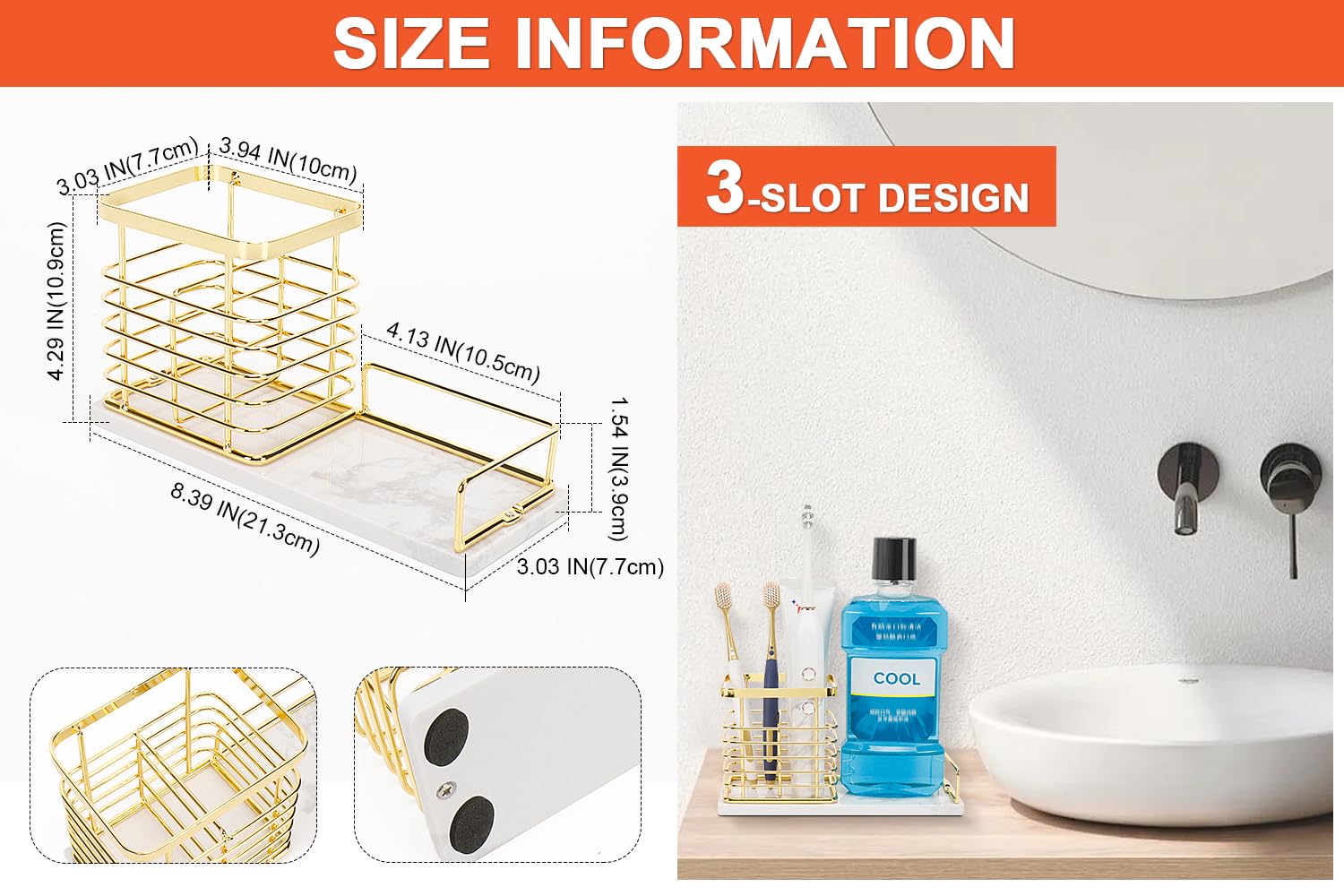 HarJue Toothbrush Holder, Luxurious Metal Toothbrush Toothpaste Holder for Bathroom, Multi-Slots Openwork Design, Bathroom Accessory for Storage and Organizer (Marble Base-Large, Gold)