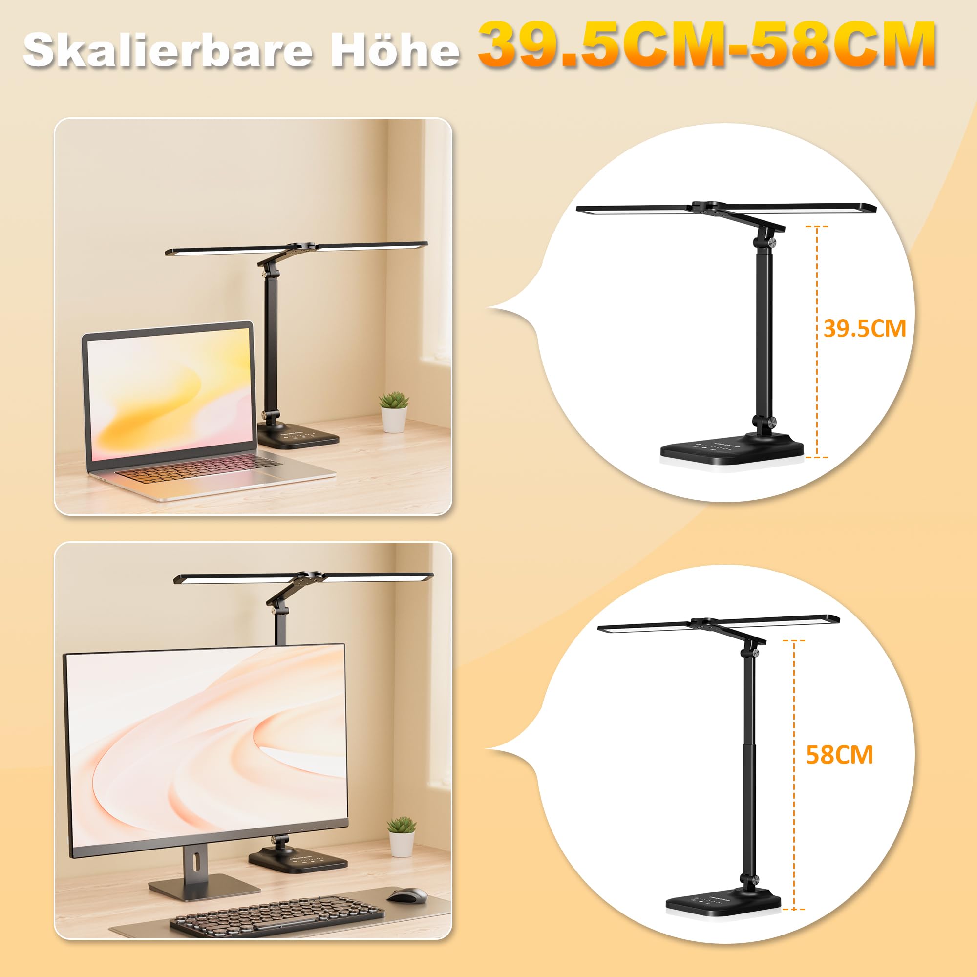 CHARYJOD Doppelkopf Schreibtischlampe LED Dimmbar, Dehnbare LED Schreibtischlampe,Schreibtisch Lampe hat 5-Farbtemperaturen und 10-Helligkeitsstufen, USB-Ladeanschluss