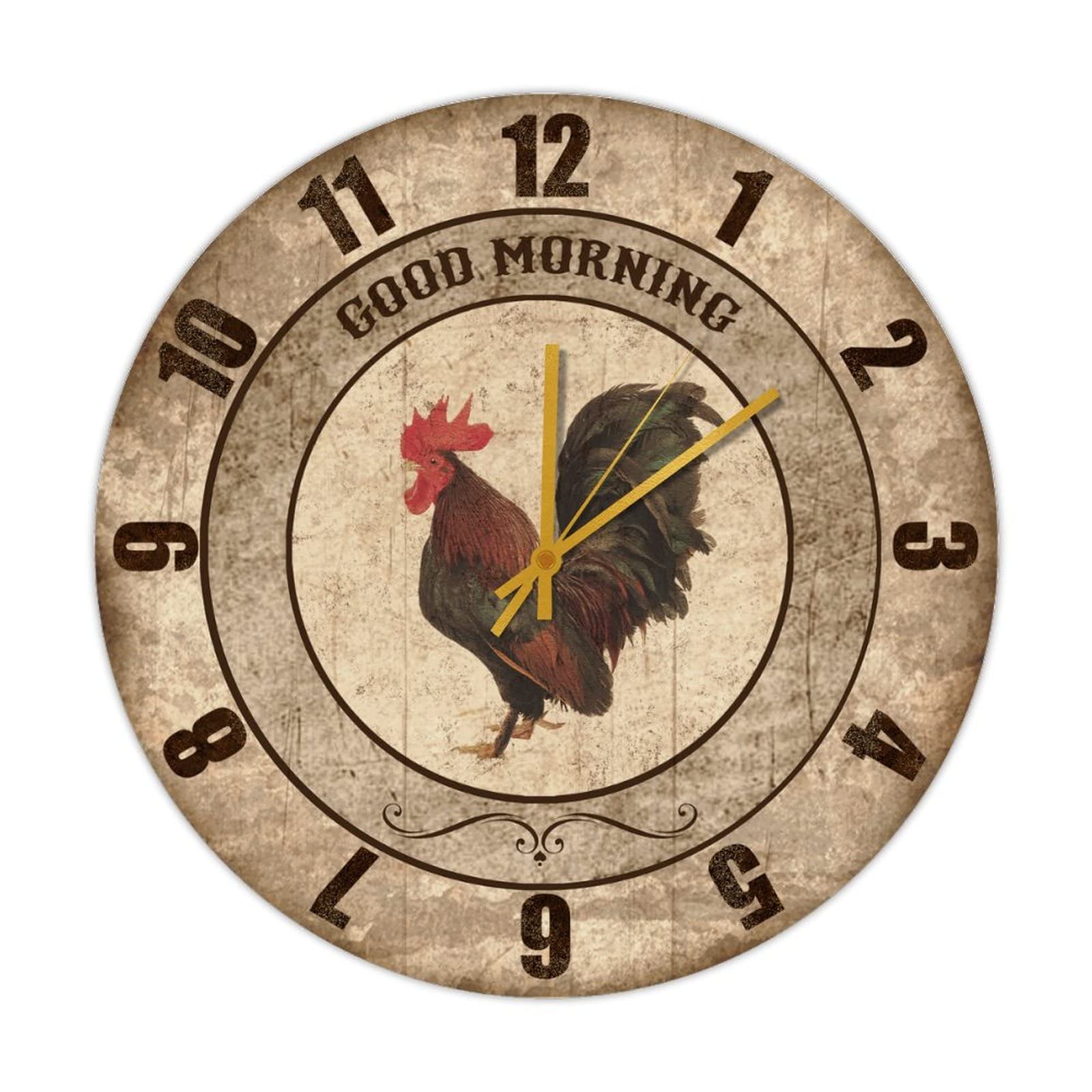 Horloge murale en bois silencieuse motif coq décoration salon rétro
