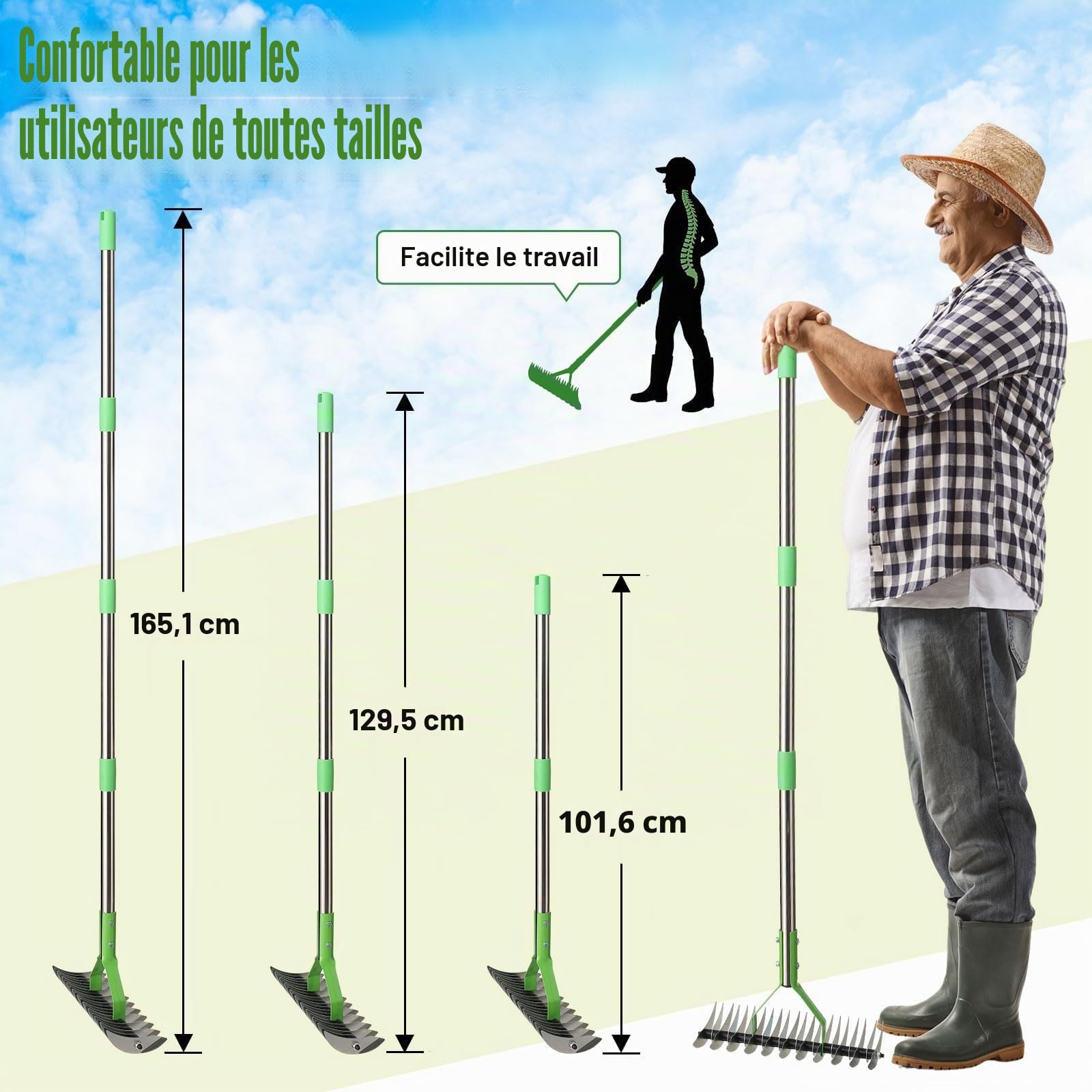 Rateau de Désherbage Scarificateur Gazon Manuel 21 Dents, Aérateur de Pelouse à Manche Long, Outil de Jardinage pour Enlever la Mousse et Aérer Le Sol (1, argenté, 114cm)
