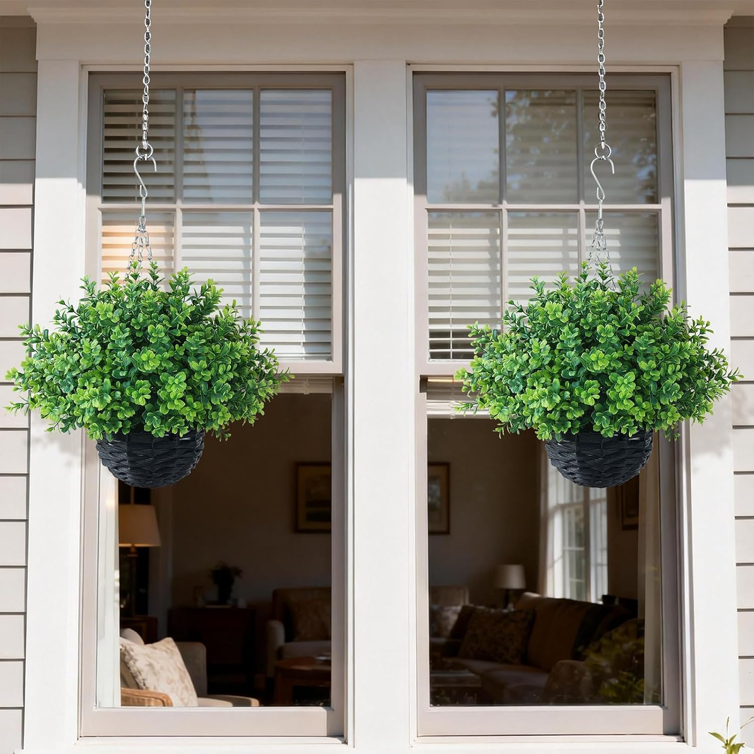FOTEEWL Artificial Boxwood Hanging Baskets - 2 Sets of Hanging Plant Fake Bushes with Baskets,UV-Resistant Suitable for Outdoor,Porches,Eaves,Farmhouses,Courtyard Decorations