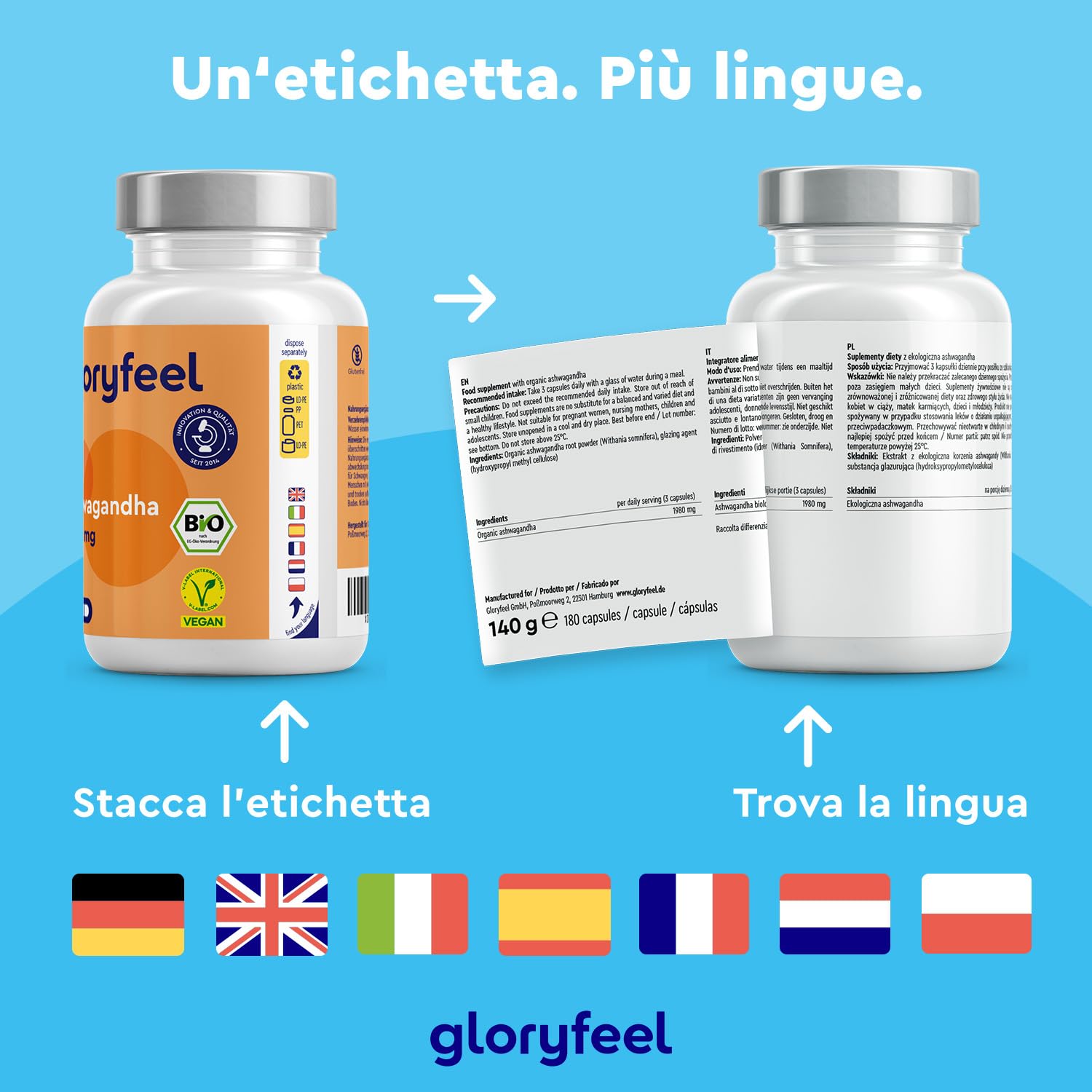 Ashwagandha Bio, 180 Capsule, Alto Dosaggio 1980mg, Ashwagandha Bio da Polvere di Ashwagandha, Vegan, Withania Somnifera Adattogeno Naturale, Rimedio Ayurvedico Stress & Mente, Testato in Laboratorio
