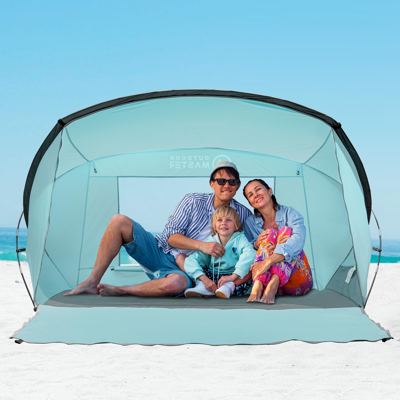 OutdoorMaster Beach Tent for 3-4 Person - Easy Setup and Portable Beach Shade Sun Shelter Canopy with UPF 50+ UV Protection Removable Skylight Family Size - Light Green