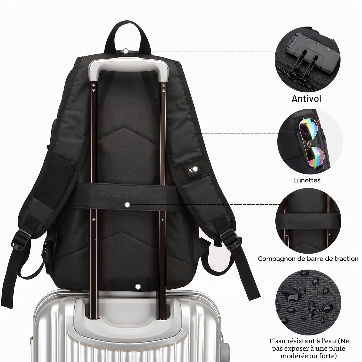 Antivol Sac à Dos Ordinateur Portable 15.6 Pouces Homme Imperméable USB Charging Port Sac à Dos D'affaires Noir