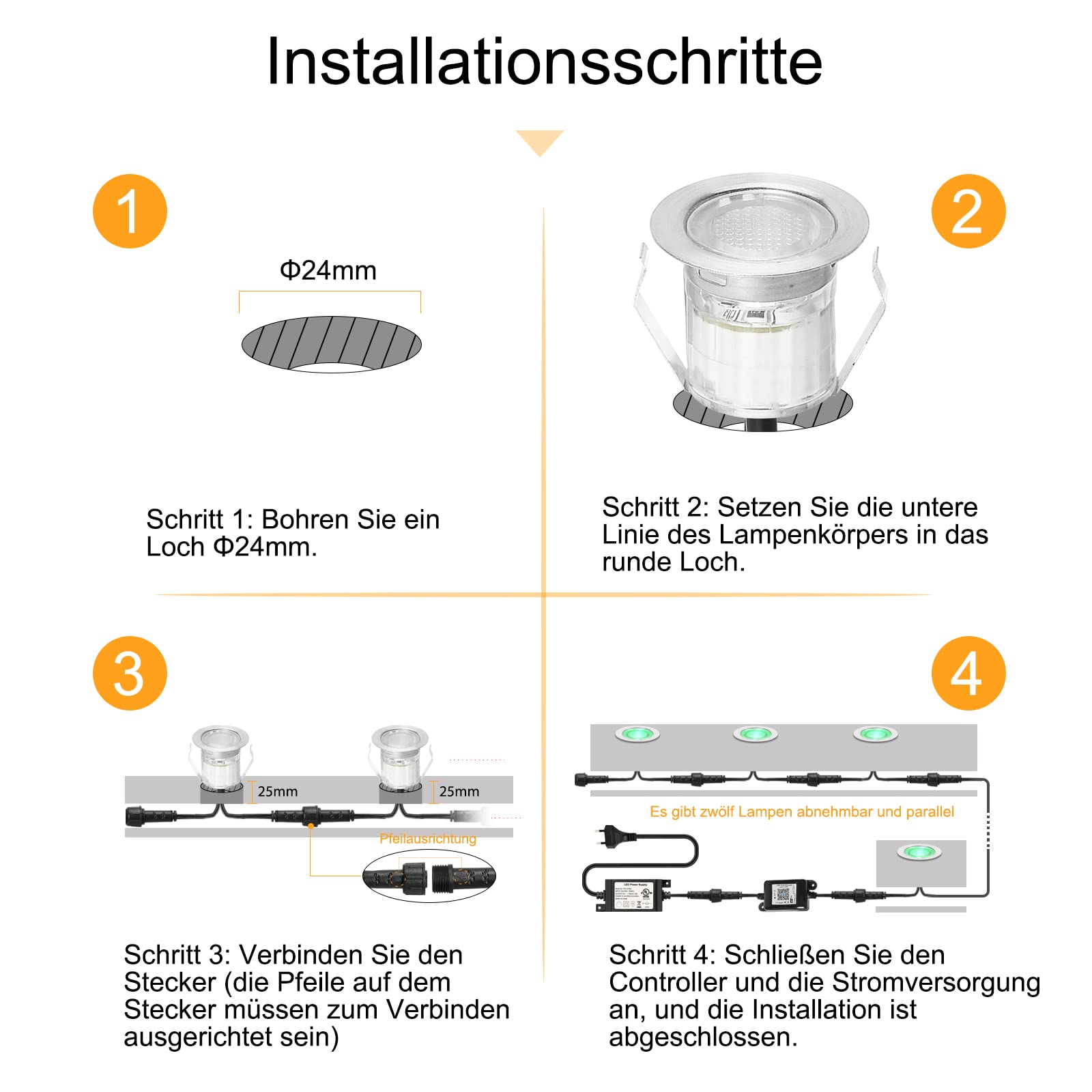20er WIFI RGB Led Bodeneinbauleuchten Arbeitet mit Alexa,RGB LED Einbaustrahler DC12V Ø30mm 0.6W LED Boden WiFi Wireless Smart Phone