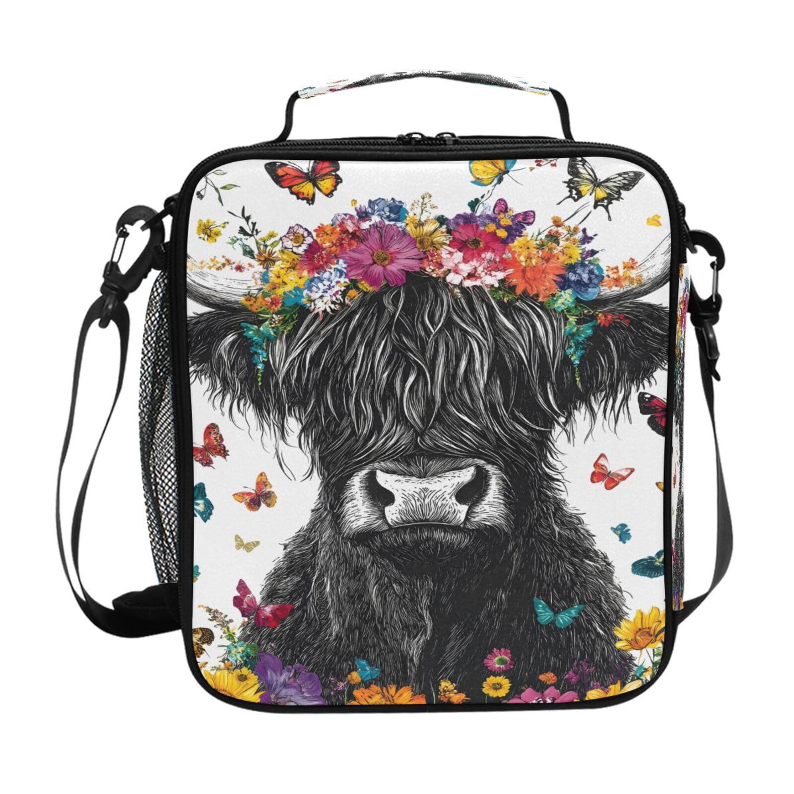 ALAZA Highland Cow Girls Lunch Box Insulated Bag Flowers Lunchbox Cooler Meal Prep Tote with Shoulder Strap for