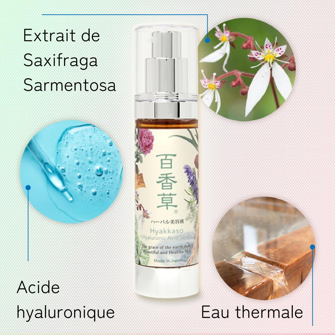 Sérum Anti-Acné à l’Acide Hyaluronique Hydratant, Sans Huile, Aux Plantes, Soin Visage Japonais Premium à l’Eau Thermale Naturelle, Onsen, Hommes, Femmes & Adolescents Hyakkaso | 50 ml